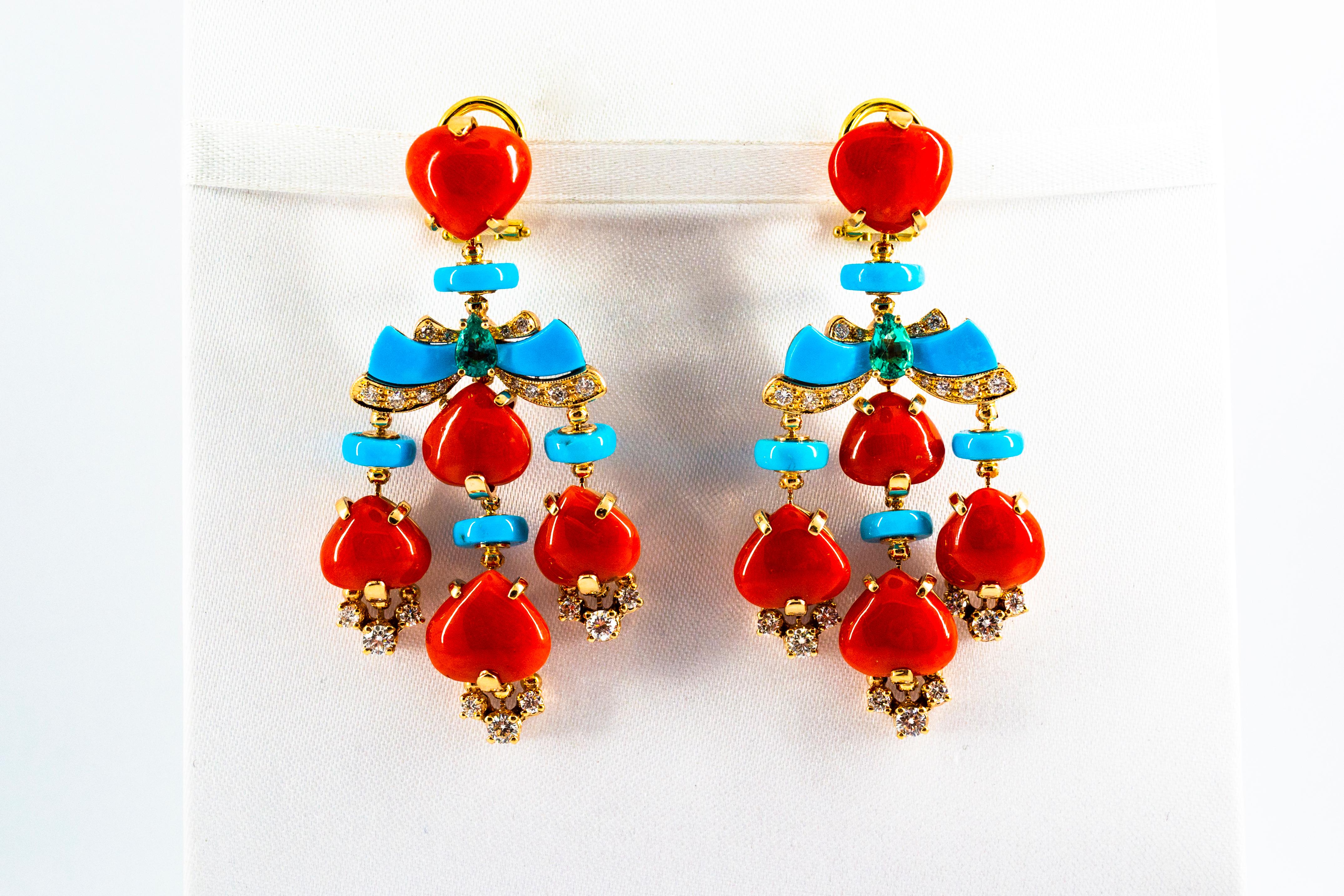 Art Deco White Diamond Emerald Red Coral Turquoise Yellow Gold Clip-On Earrings 4