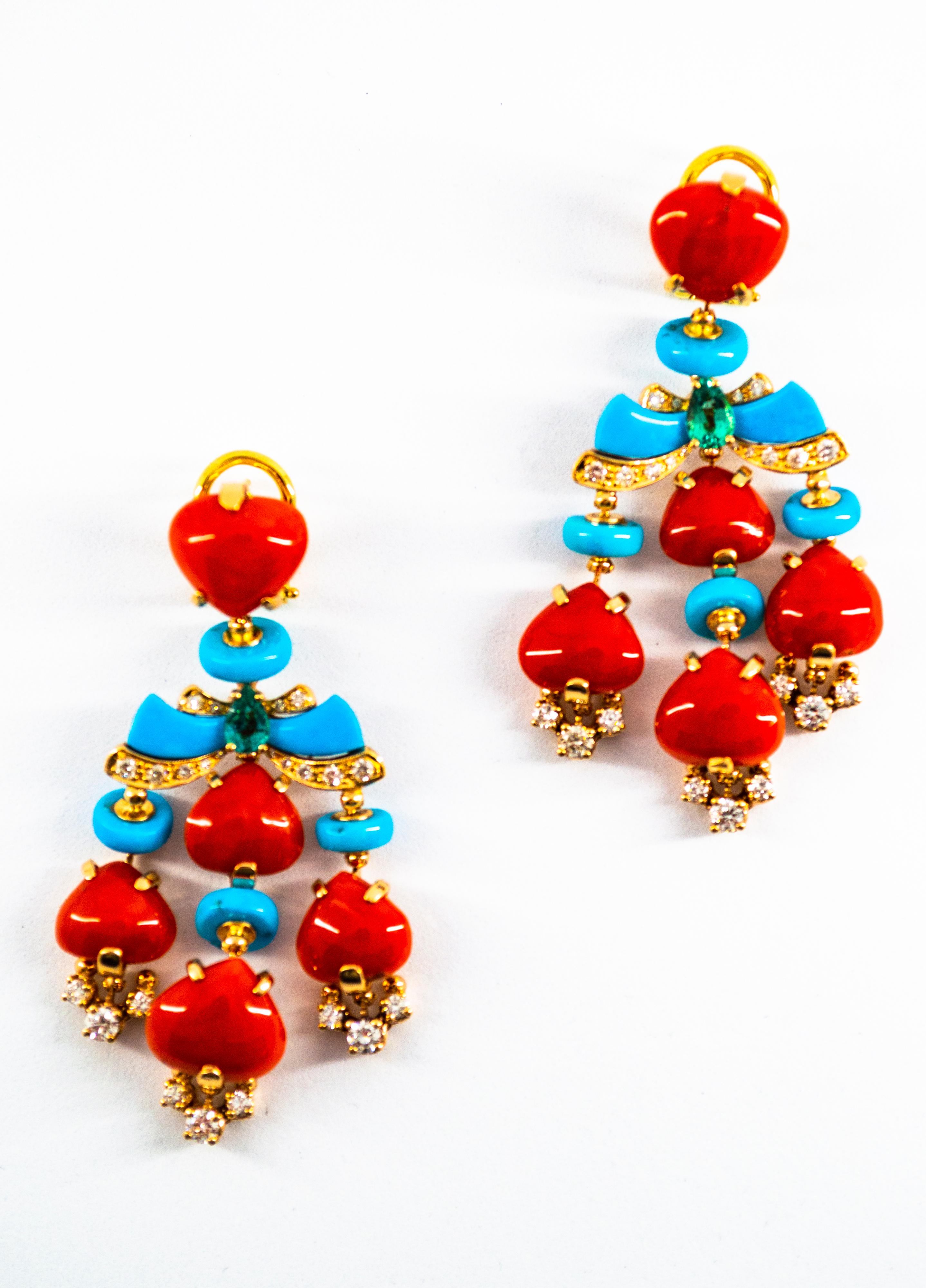 These Earrings are made of 14K Yellow Gold.
These Earrings have 1.35 Carats of White Modern Round Cut Diamonds.
These Earrings have 0.50 Carats of Emeralds.
These Earrings have also Mediterranean (Sardinia, Italy) Red Coral and Turquoise.
All our