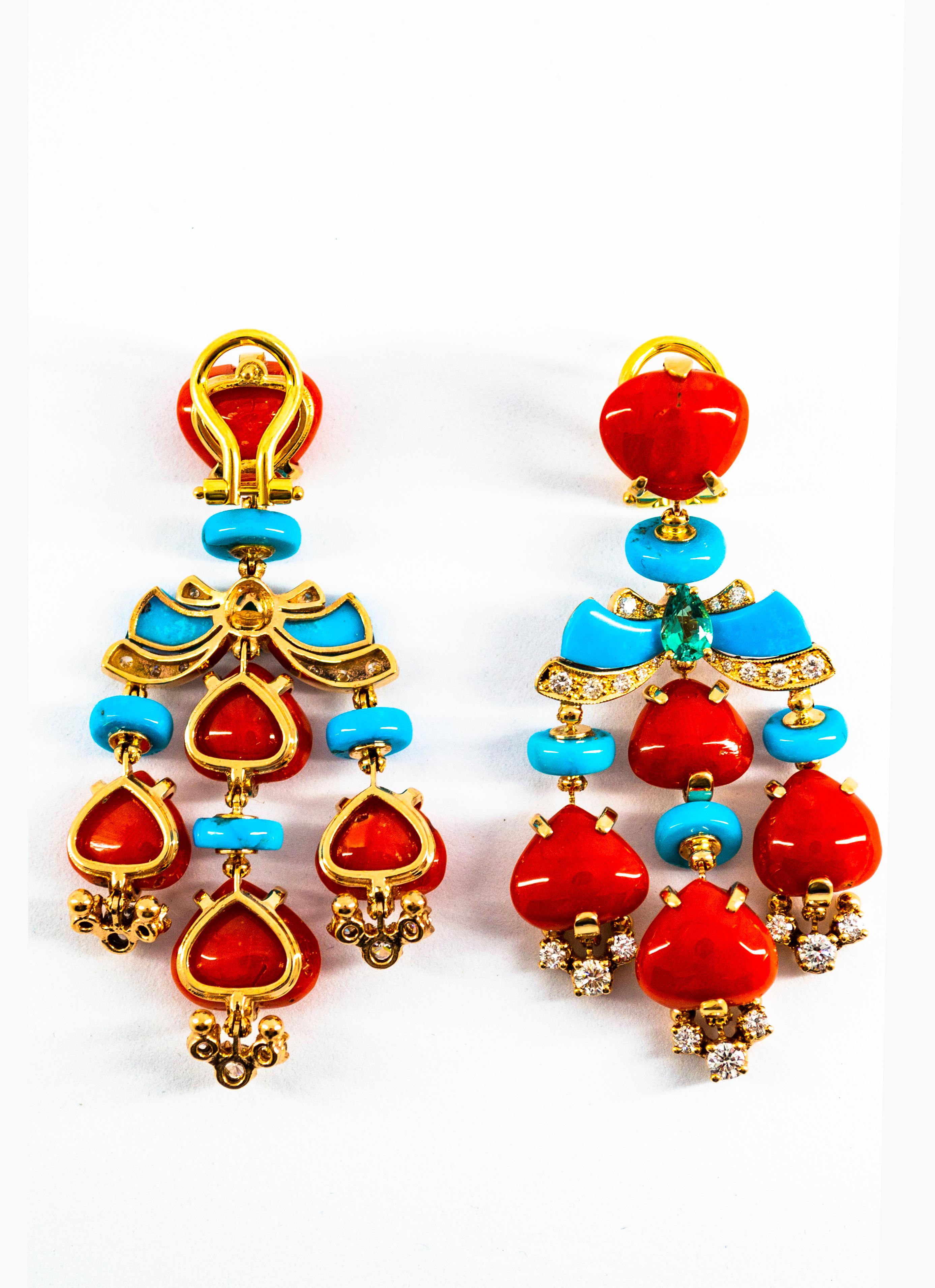Brilliant Cut Art Deco White Diamond Emerald Red Coral Turquoise Yellow Gold Clip-On Earrings