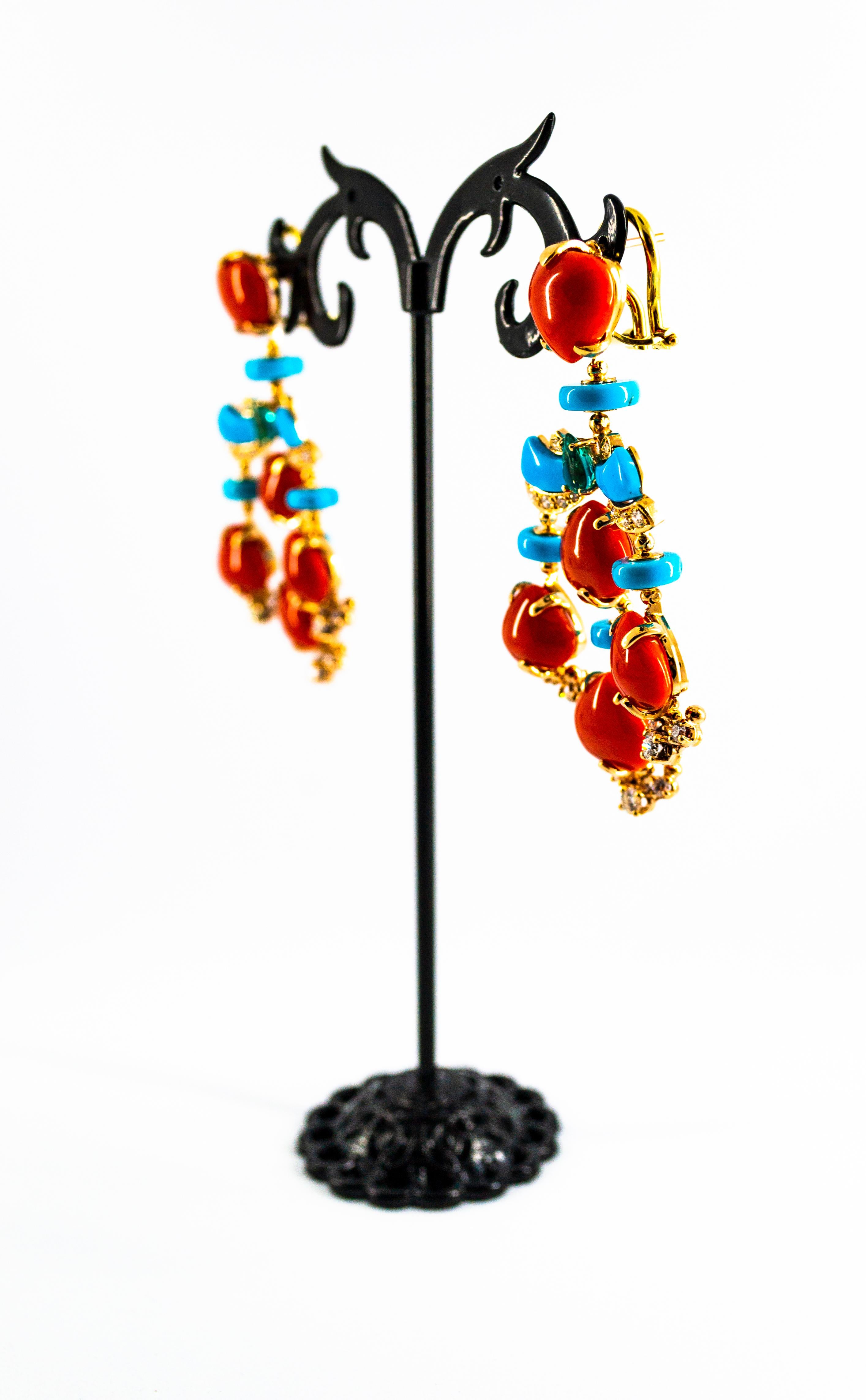 Women's or Men's Art Deco White Diamond Emerald Red Coral Turquoise Yellow Gold Clip-On Earrings