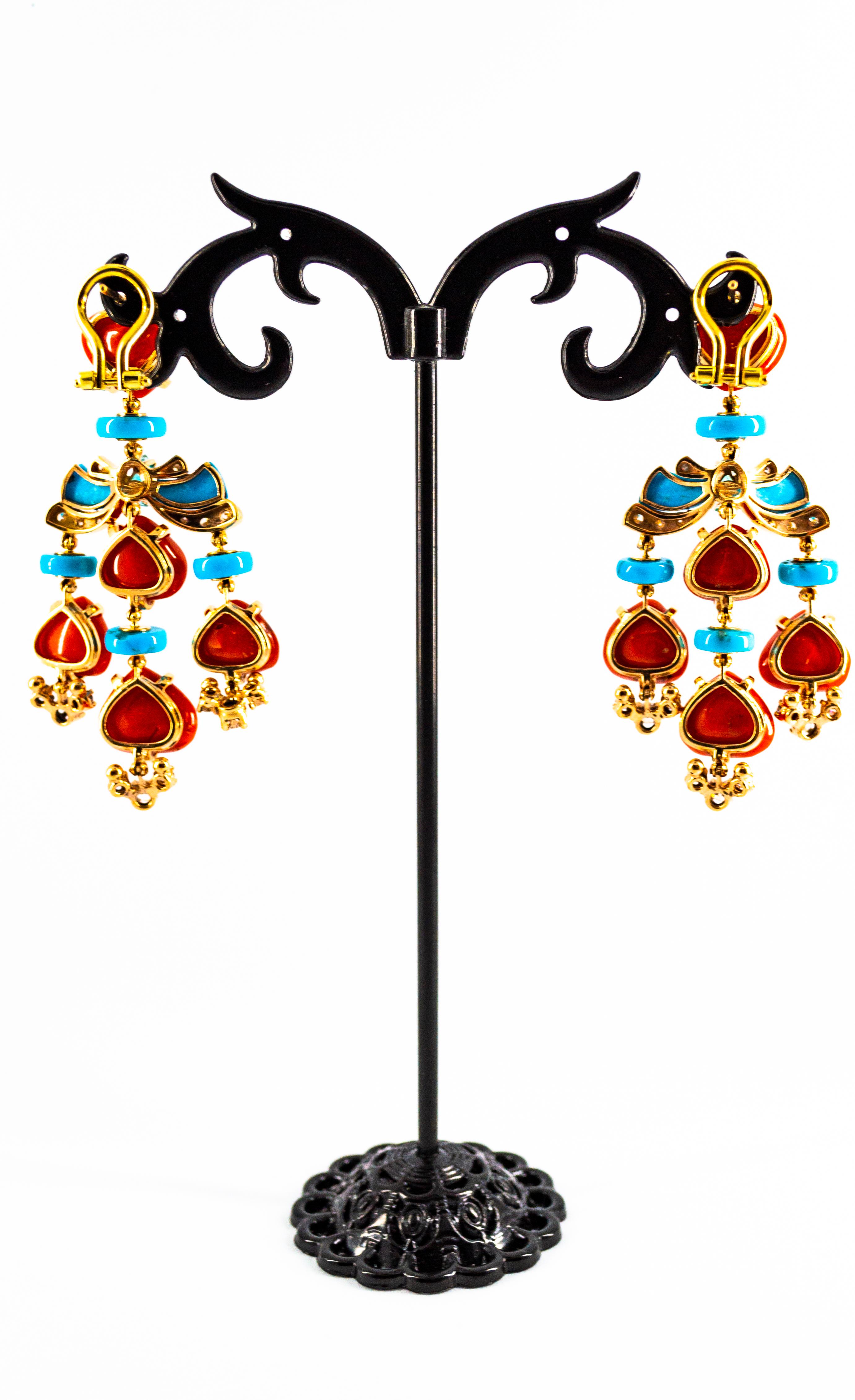 Art Deco White Diamond Emerald Red Coral Turquoise Yellow Gold Clip-On Earrings 2