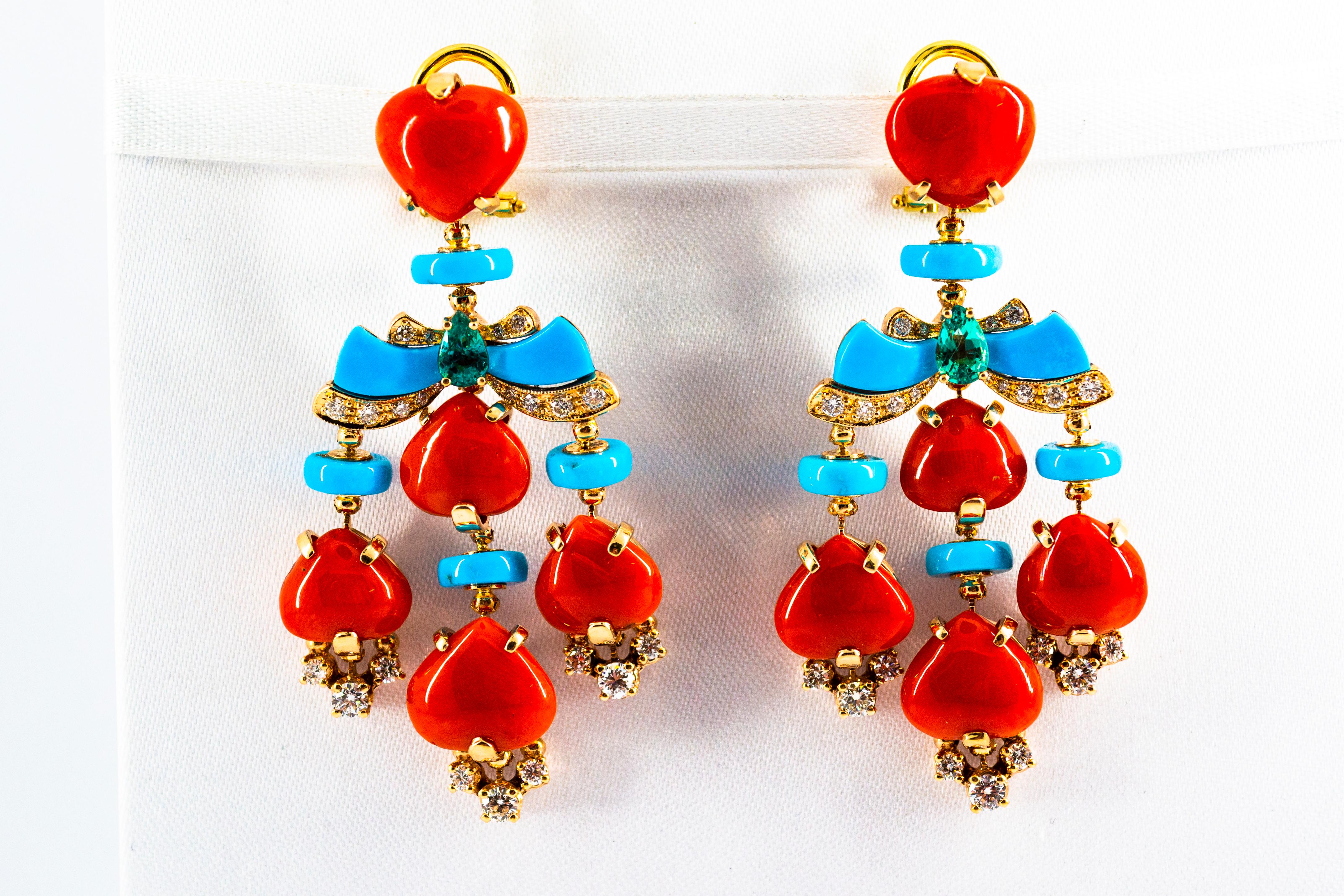 Art Deco White Diamond Emerald Red Coral Turquoise Yellow Gold Clip-On Earrings 3