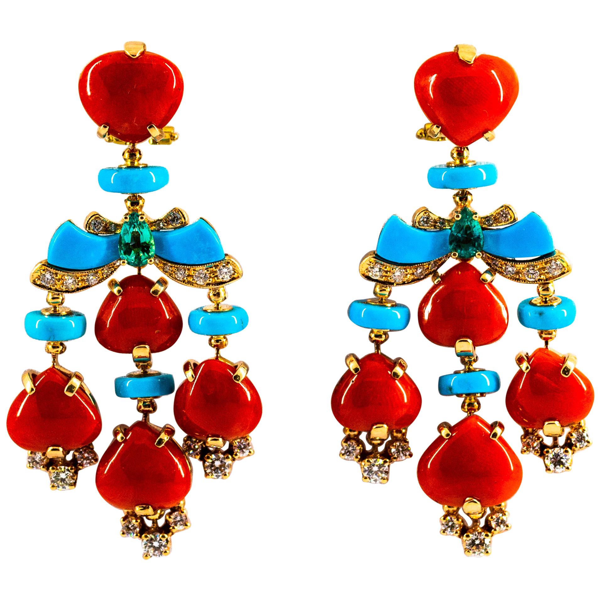 Art Deco Style Diamond Emerald Red Coral Turquoise Yellow Gold Clip-On Earrings