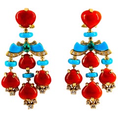 Art Deco Style Diamond Emerald Red Coral Turquoise Yellow Gold Clip-On Earrings