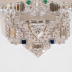 Art Deco White Diamond, Emerald, Ruby, Sapphire and Platinum Clip Brooch