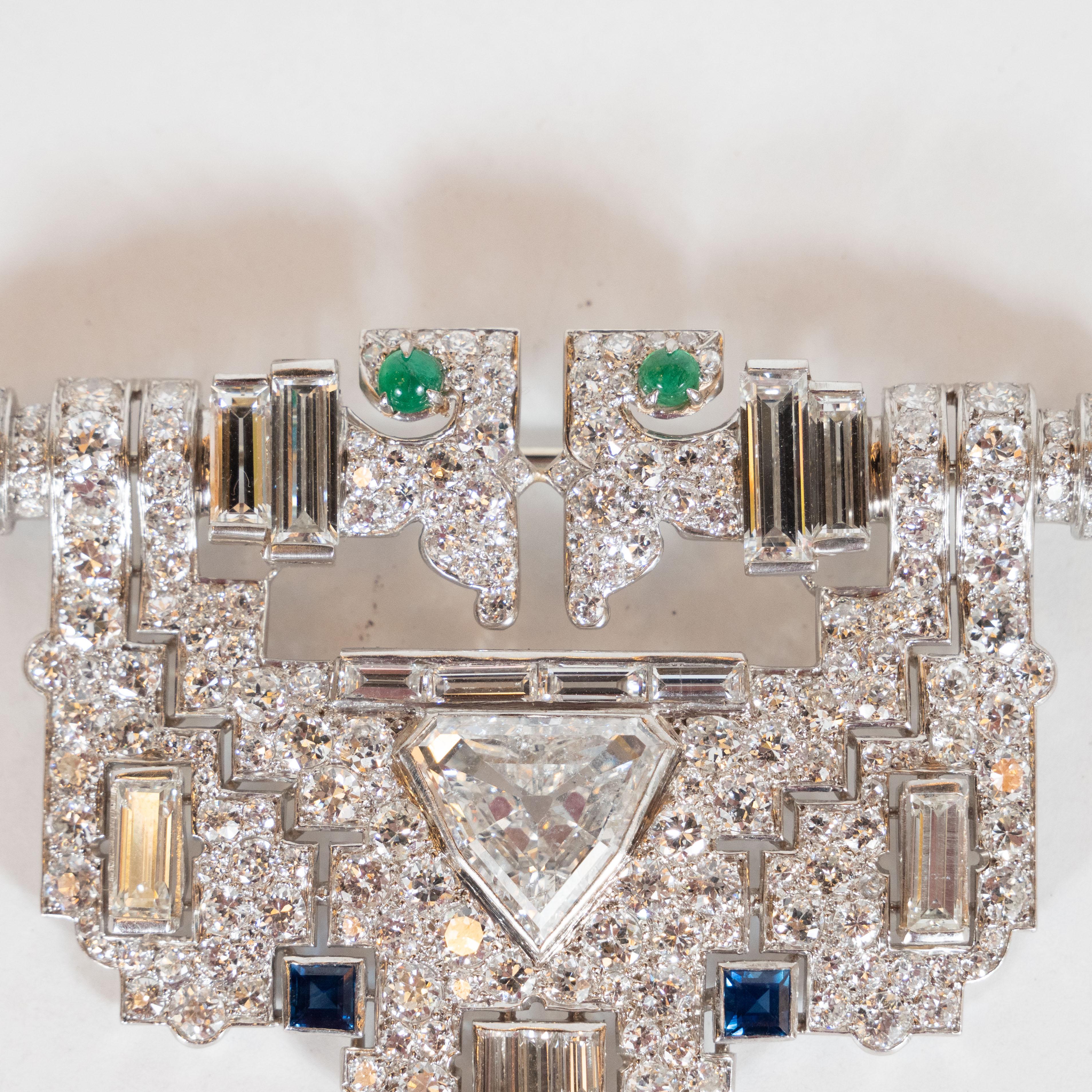 Trillion Cut Art Deco White Diamond, Emerald, Ruby, Sapphire and Platinum Clip Brooch