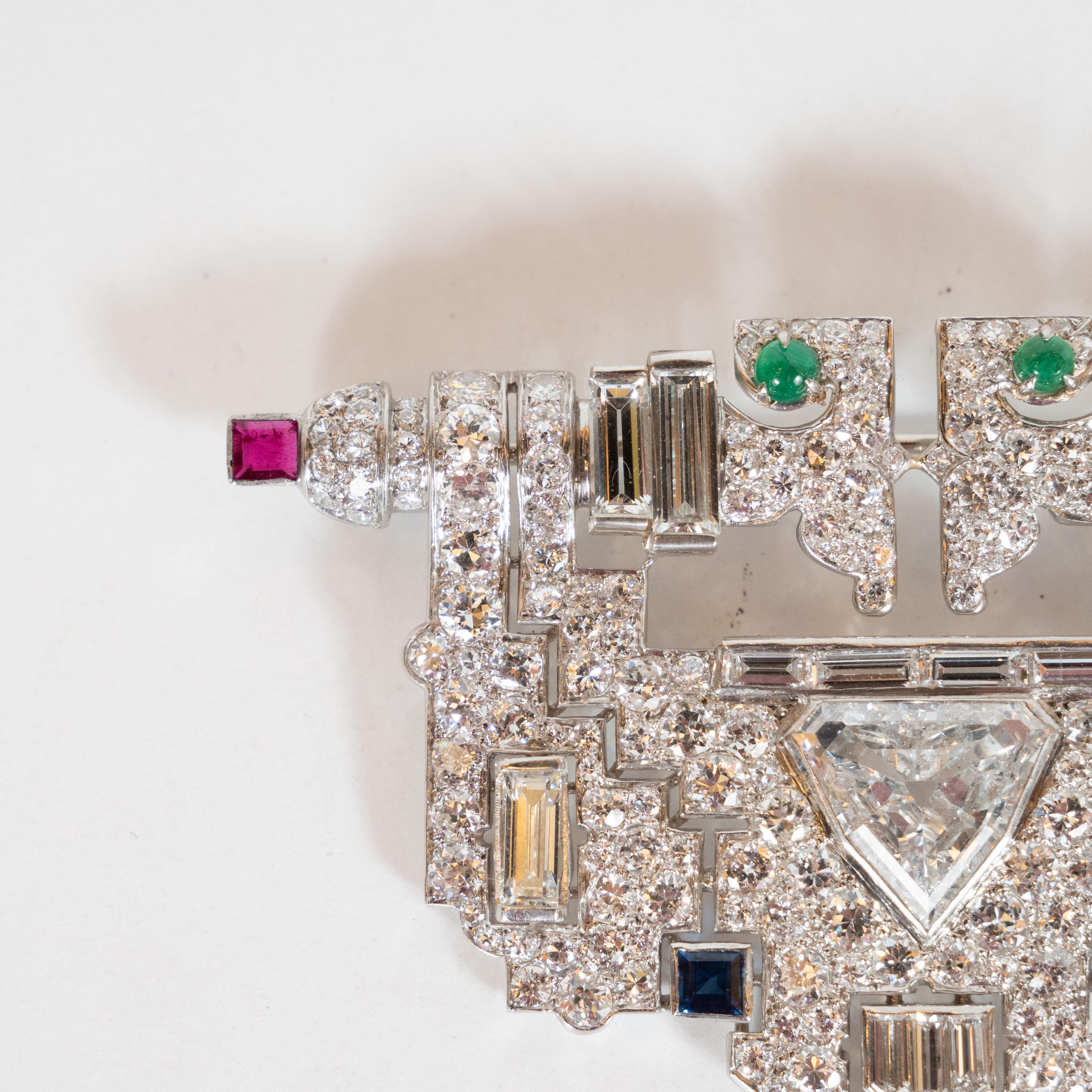 Art Deco White Diamond, Emerald, Ruby, Sapphire and Platinum Clip Brooch In Excellent Condition In New York, NY