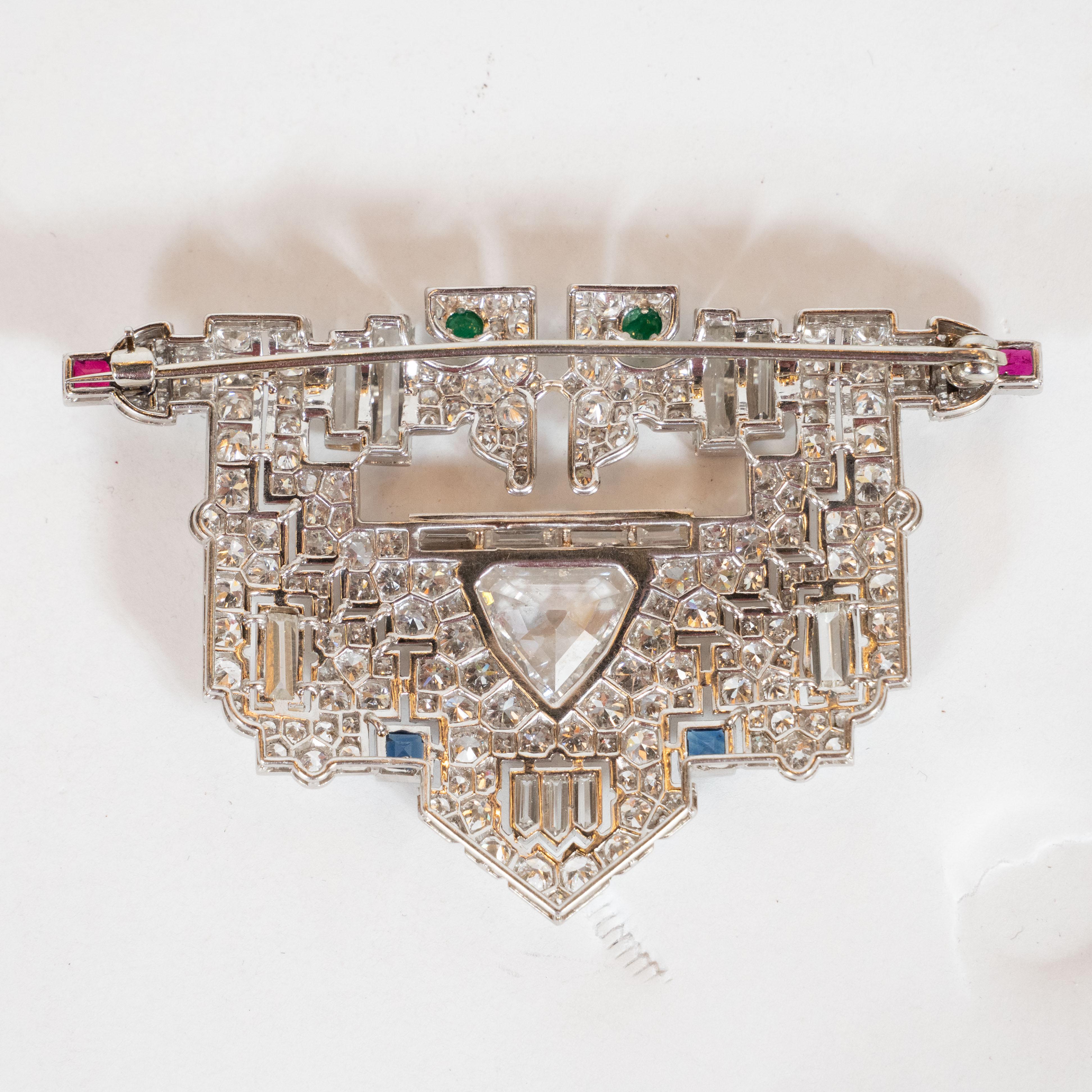 Women's or Men's Art Deco White Diamond, Emerald, Ruby, Sapphire and Platinum Clip Brooch