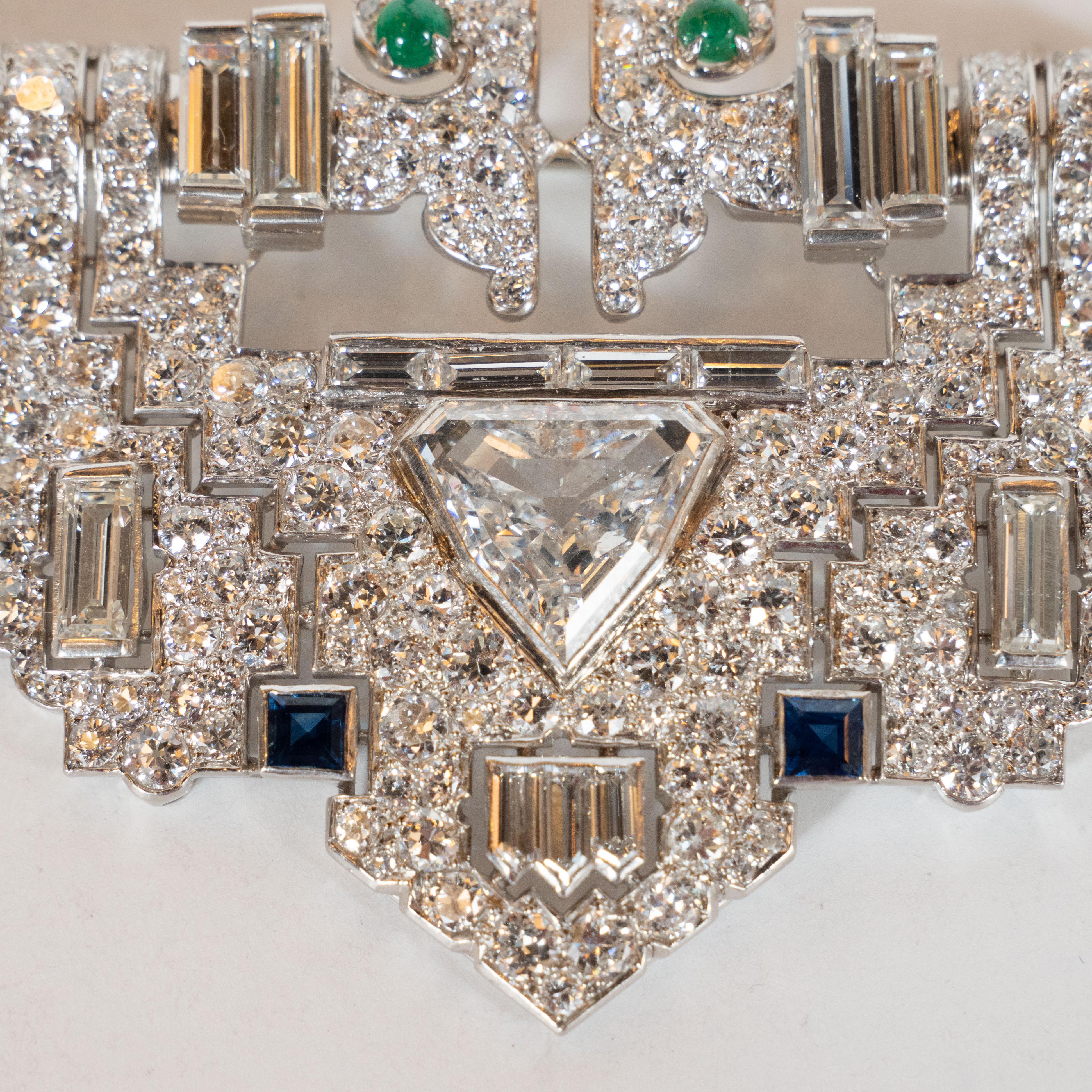 Art Deco White Diamond, Emerald, Ruby, Sapphire and Platinum Clip Brooch 1