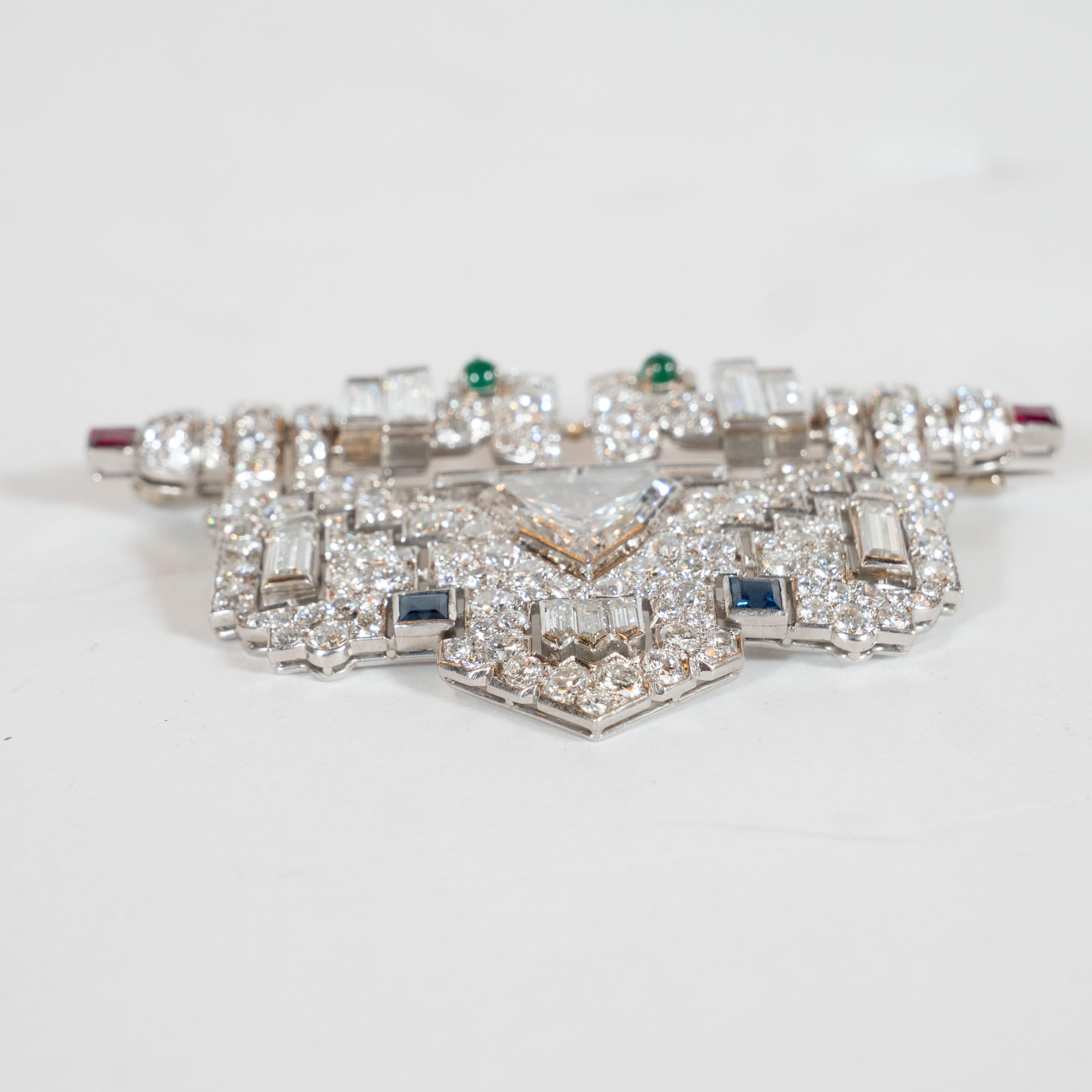 Art Deco White Diamond, Emerald, Ruby, Sapphire and Platinum Clip Brooch 3