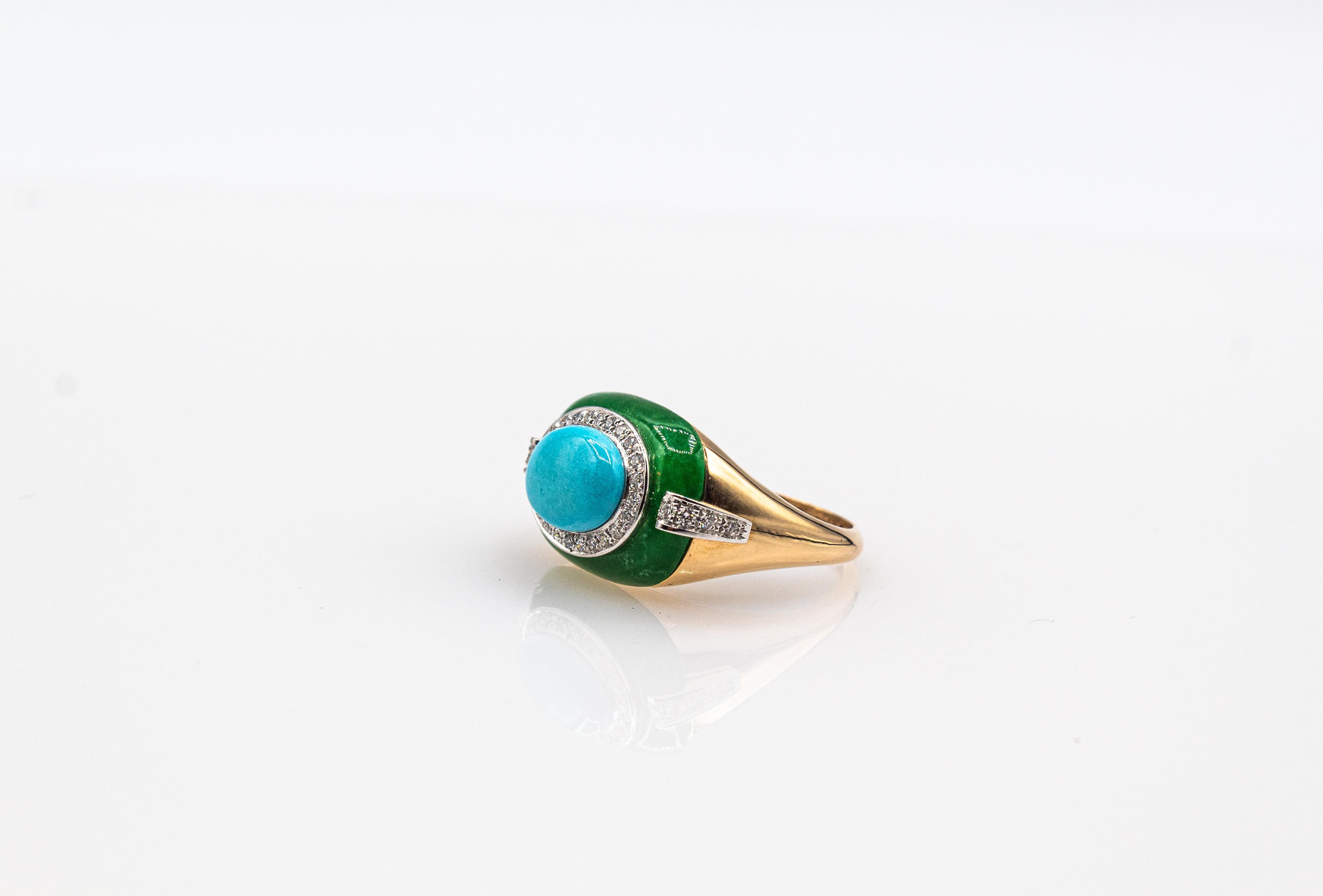 Bague cocktail Art déco en or jaune avec diamant blanc, jade cabochon et turquoise en vente 5