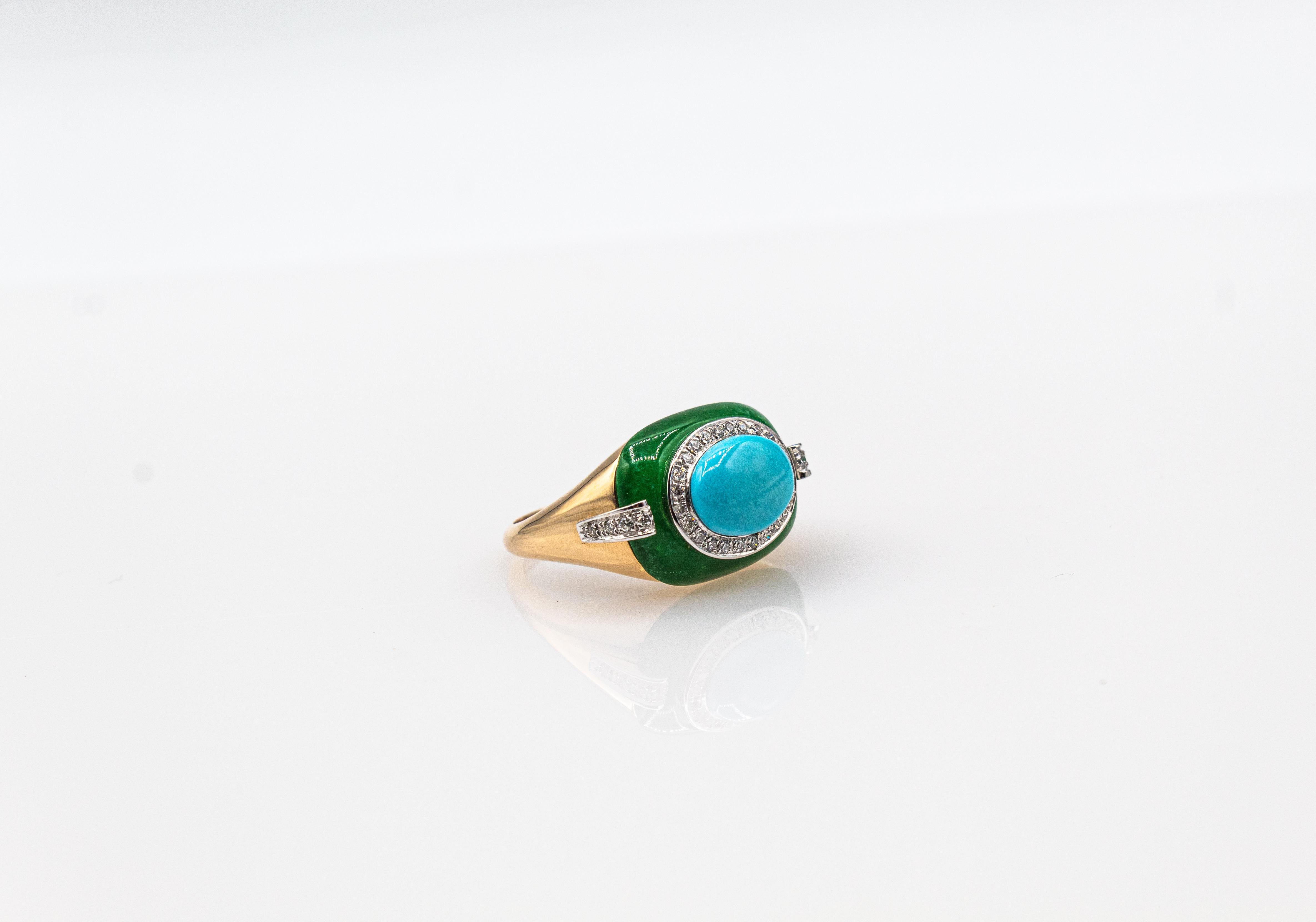 Art Deco White Diamond Jade Cabochon Cut Turquoise Yellow Gold Cocktail Ring 7