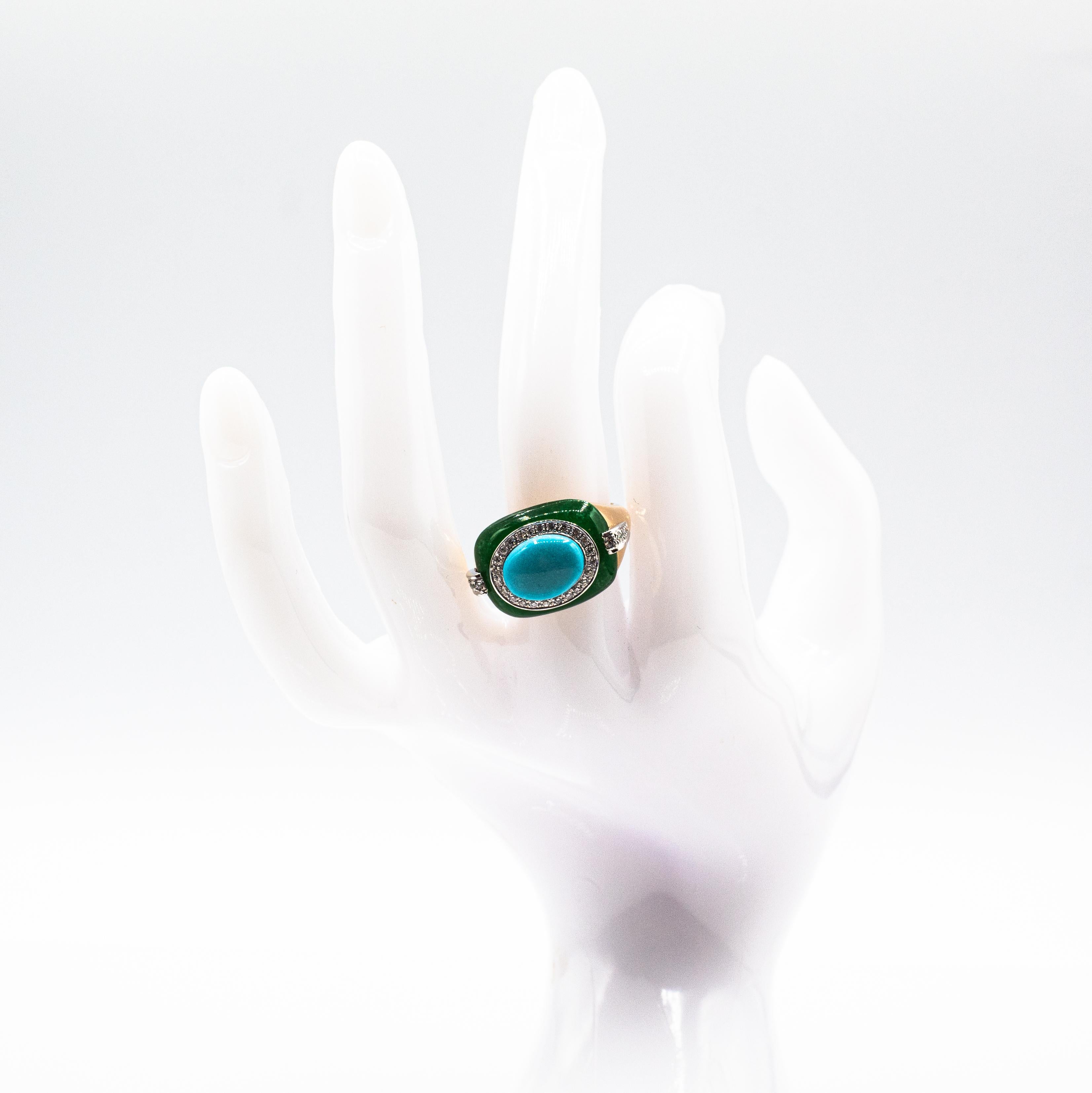 Art Deco White Diamond Jade Cabochon Cut Turquoise Yellow Gold Cocktail Ring 8