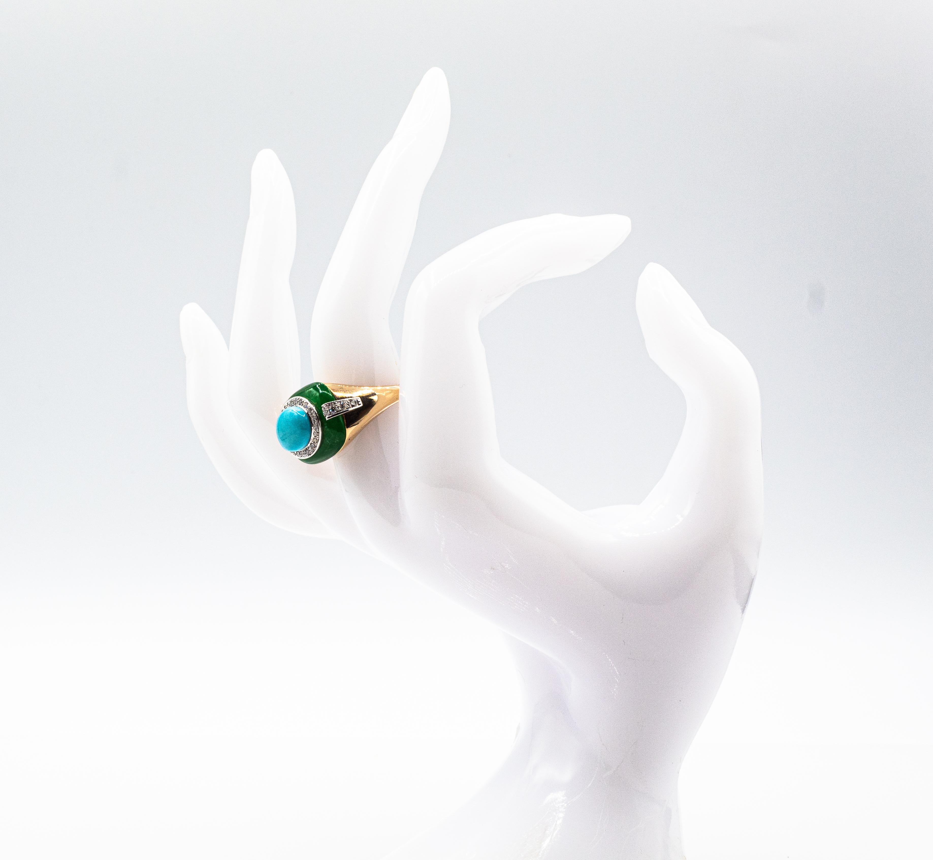 Art Deco White Diamond Jade Cabochon Cut Turquoise Yellow Gold Cocktail Ring 9