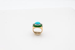 Art Deco White Diamond Jade Cabochon Cut Turquoise Yellow Gold Cocktail Ring