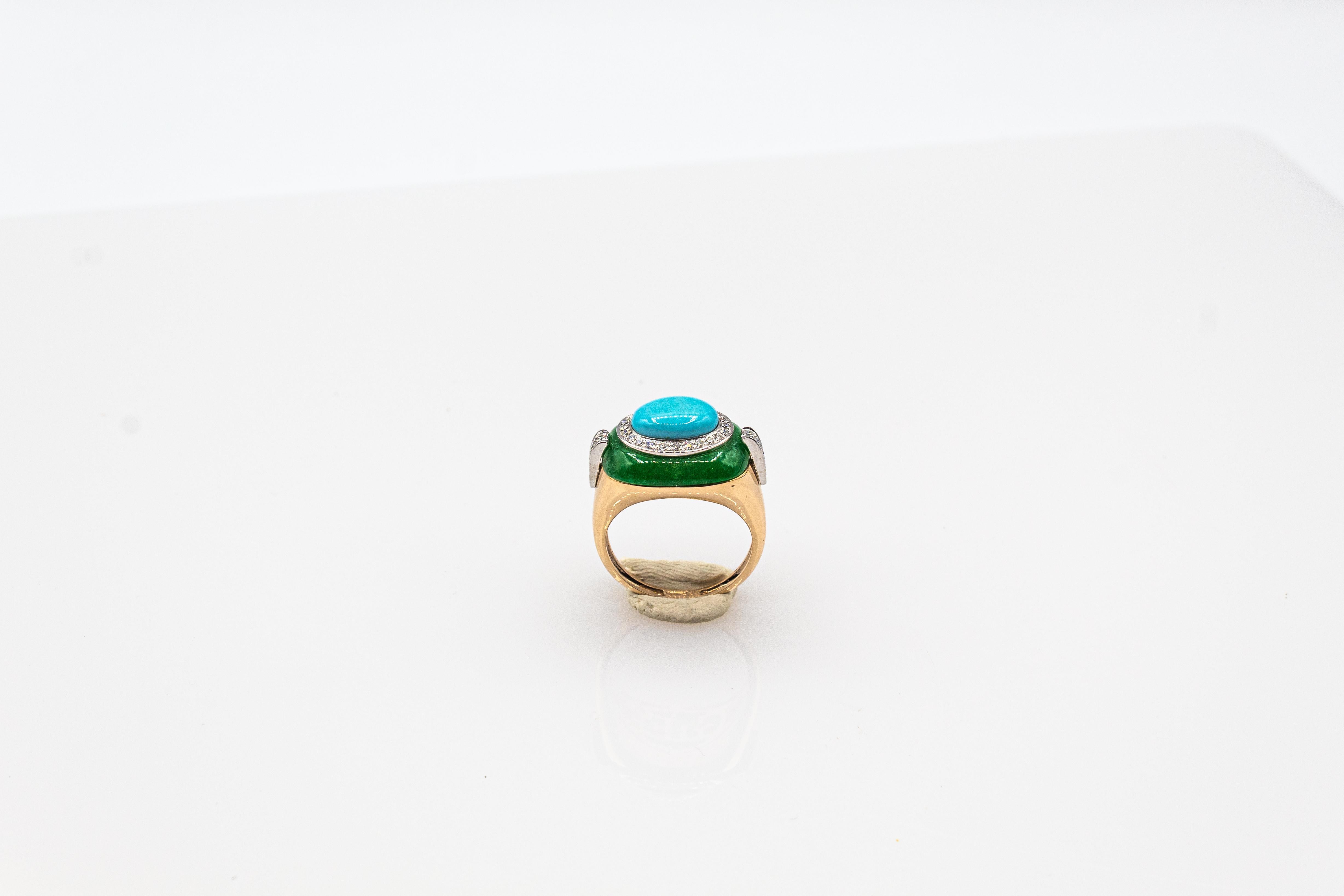 Brilliant Cut Art Deco White Diamond Jade Cabochon Cut Turquoise Yellow Gold Cocktail Ring For Sale
