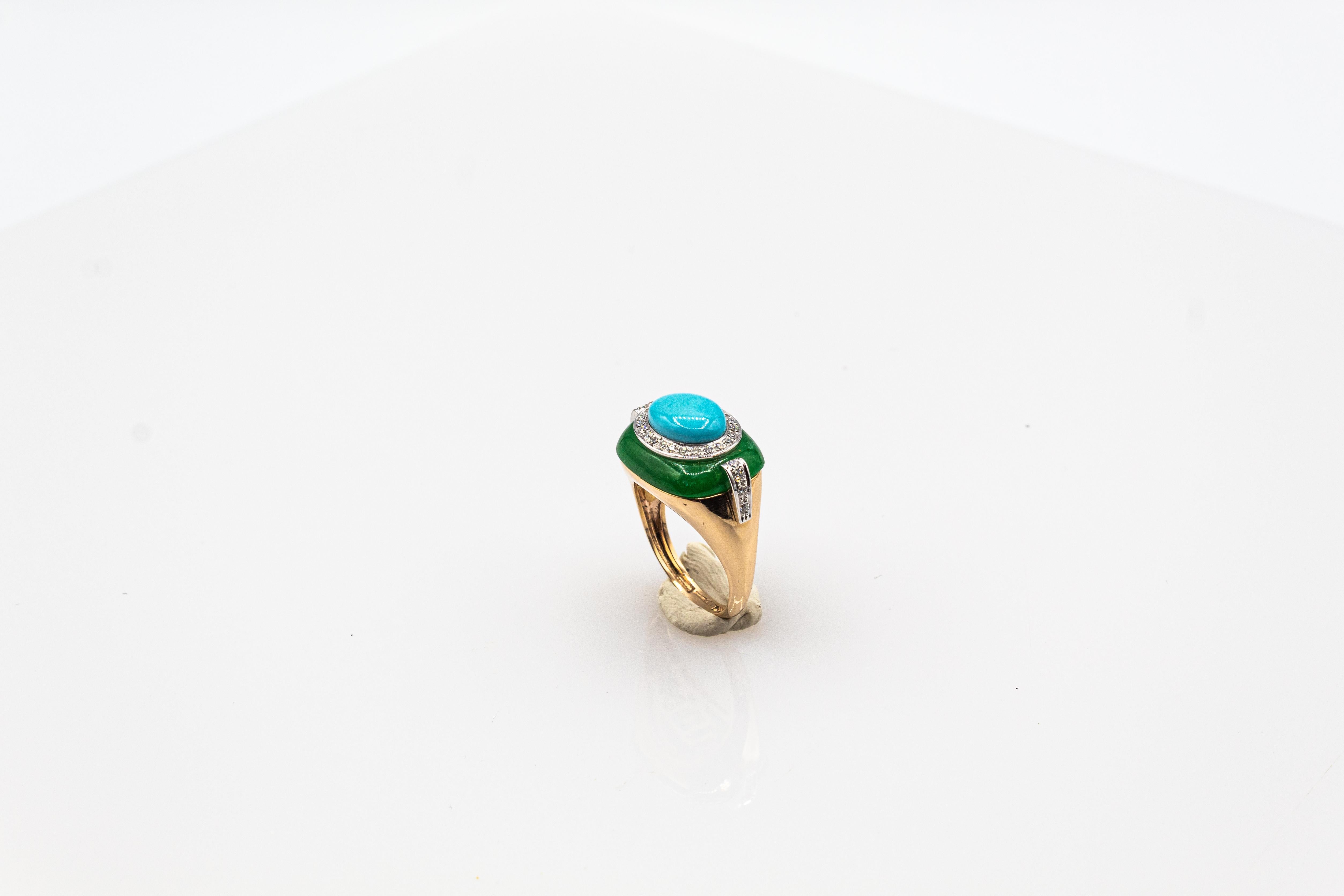 Art Deco White Diamond Jade Cabochon Cut Turquoise Yellow Gold Cocktail Ring In New Condition In Naples, IT