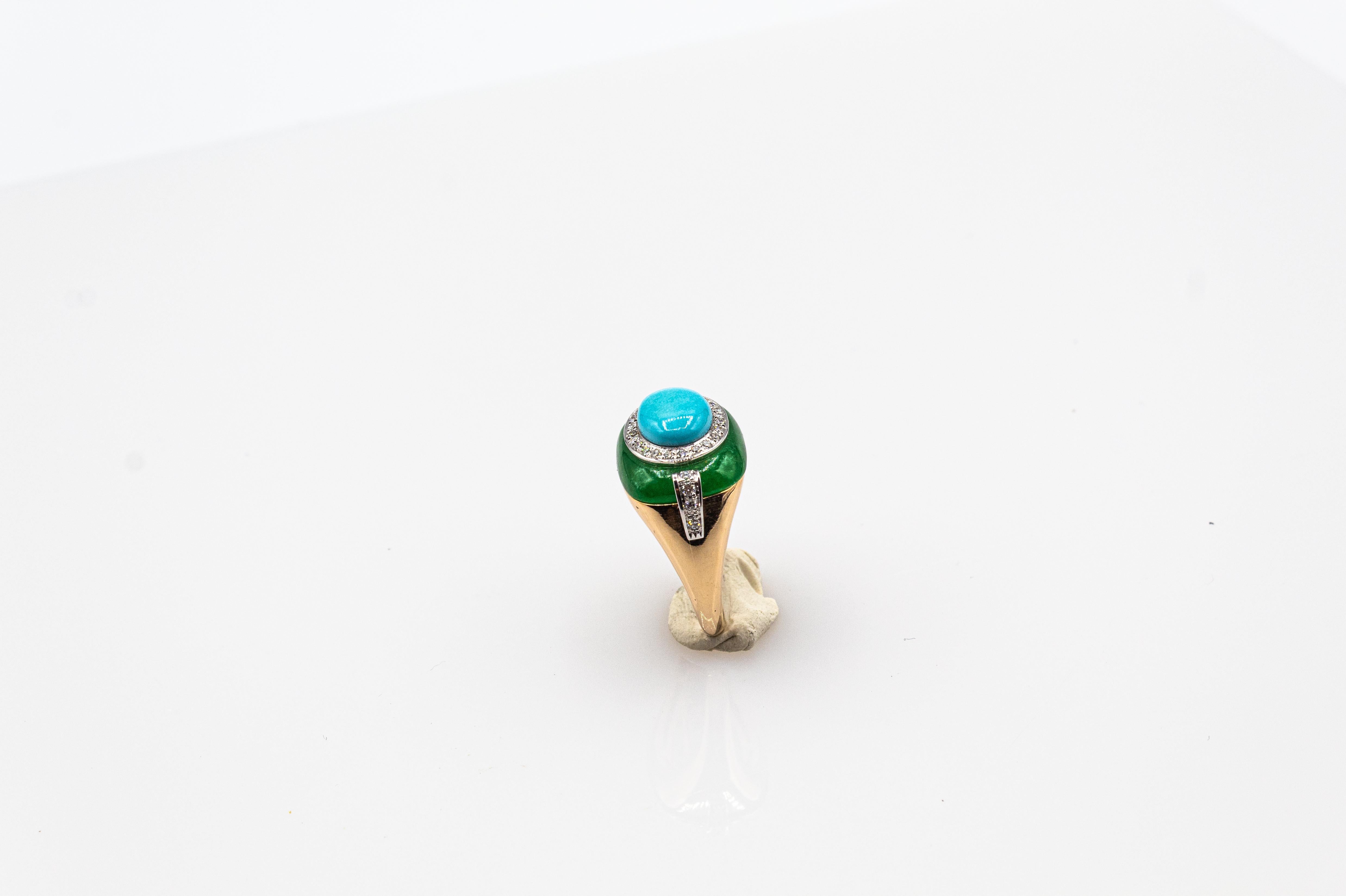 Women's or Men's Art Deco White Diamond Jade Cabochon Cut Turquoise Yellow Gold Cocktail Ring
