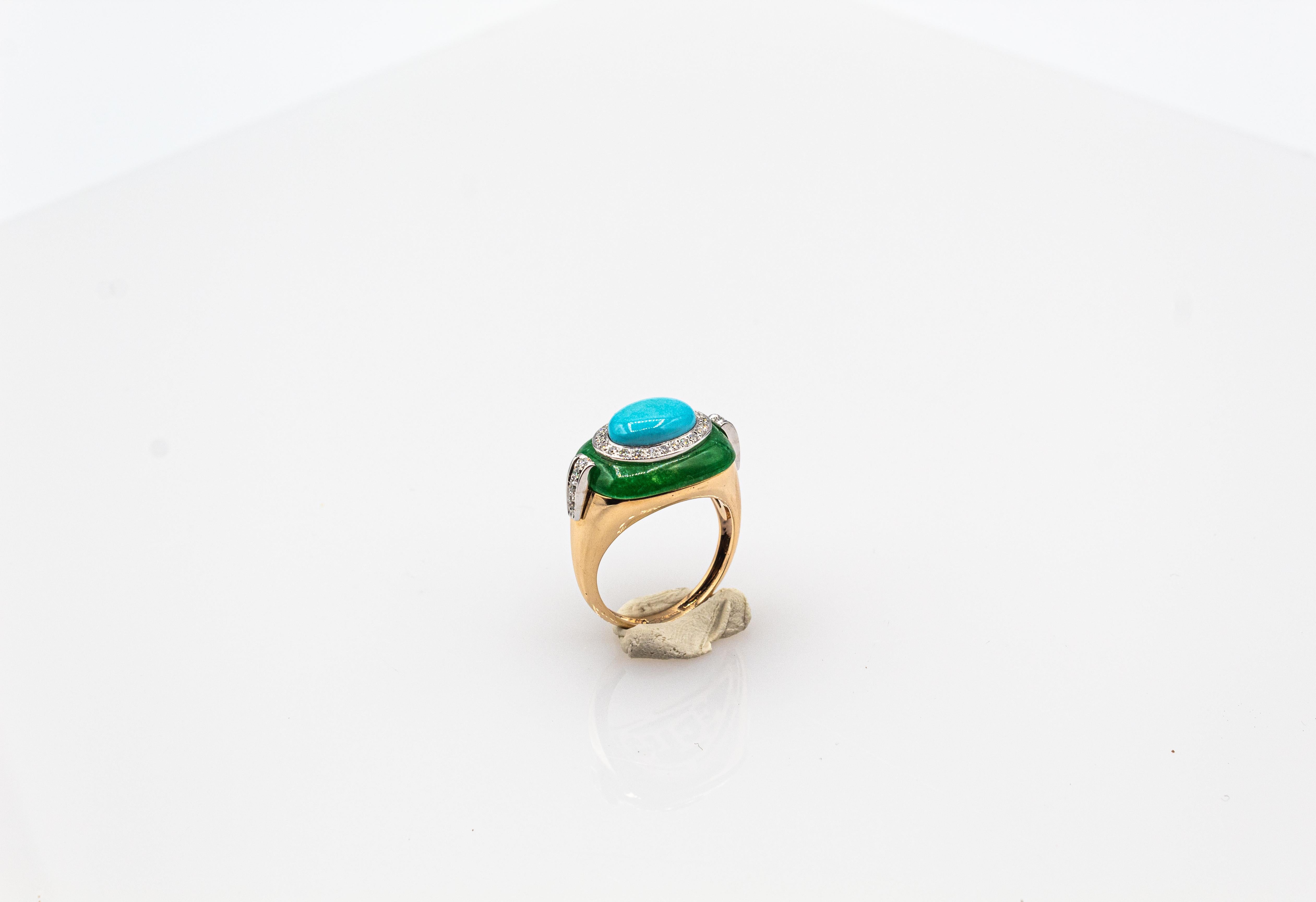 Art Deco White Diamond Jade Cabochon Cut Turquoise Yellow Gold Cocktail Ring For Sale 1