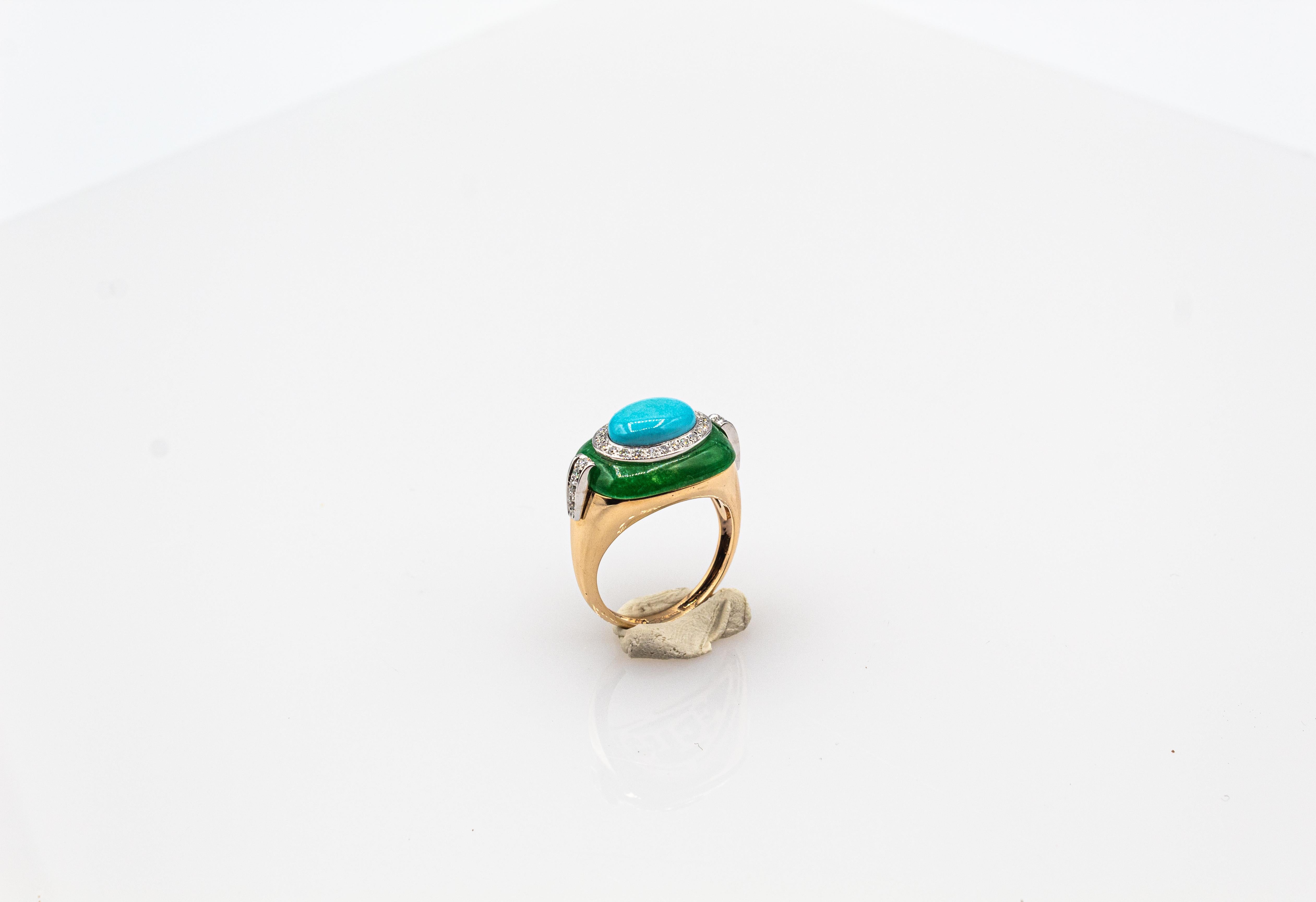 Art Deco White Diamond Jade Cabochon Cut Turquoise Yellow Gold Cocktail Ring 1