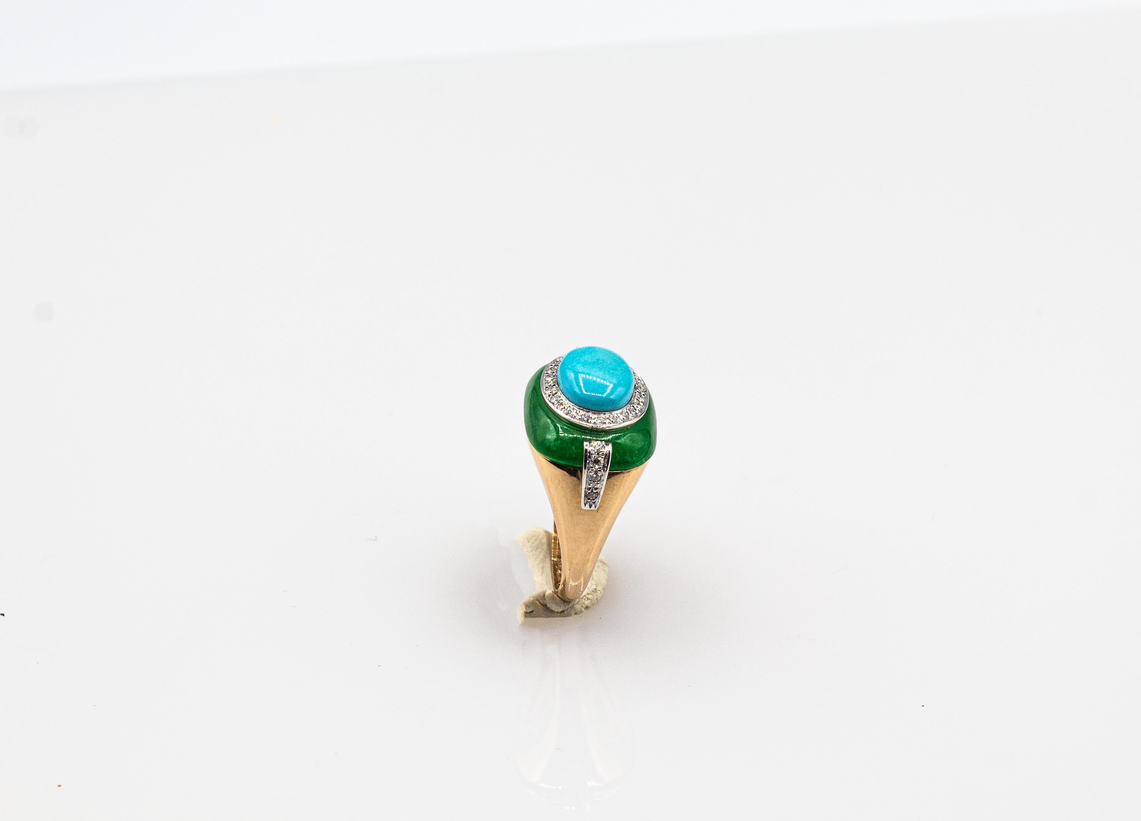 Art Deco White Diamond Jade Cabochon Cut Turquoise Yellow Gold Cocktail Ring 2