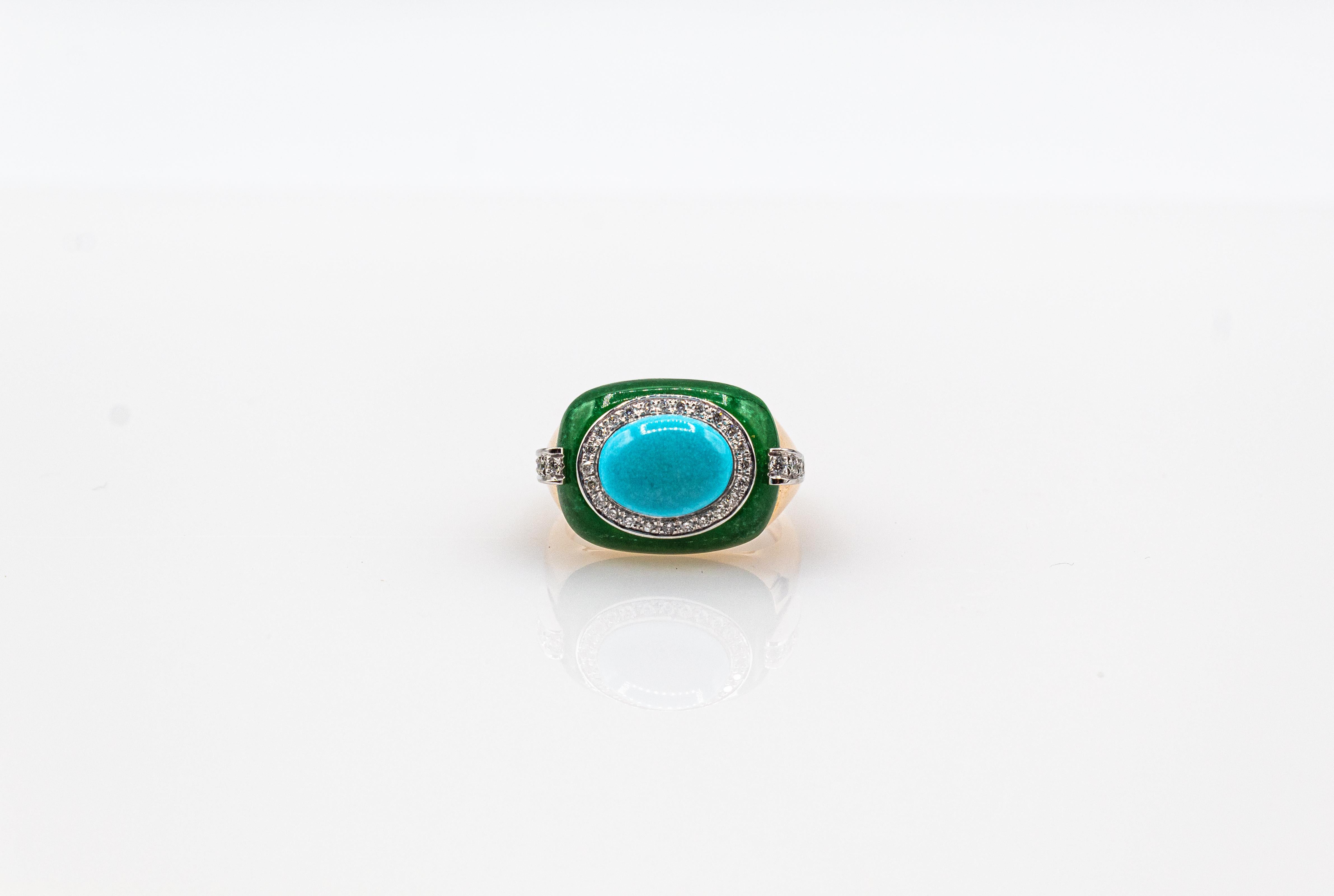 Art Deco White Diamond Jade Cabochon Cut Turquoise Yellow Gold Cocktail Ring For Sale 3
