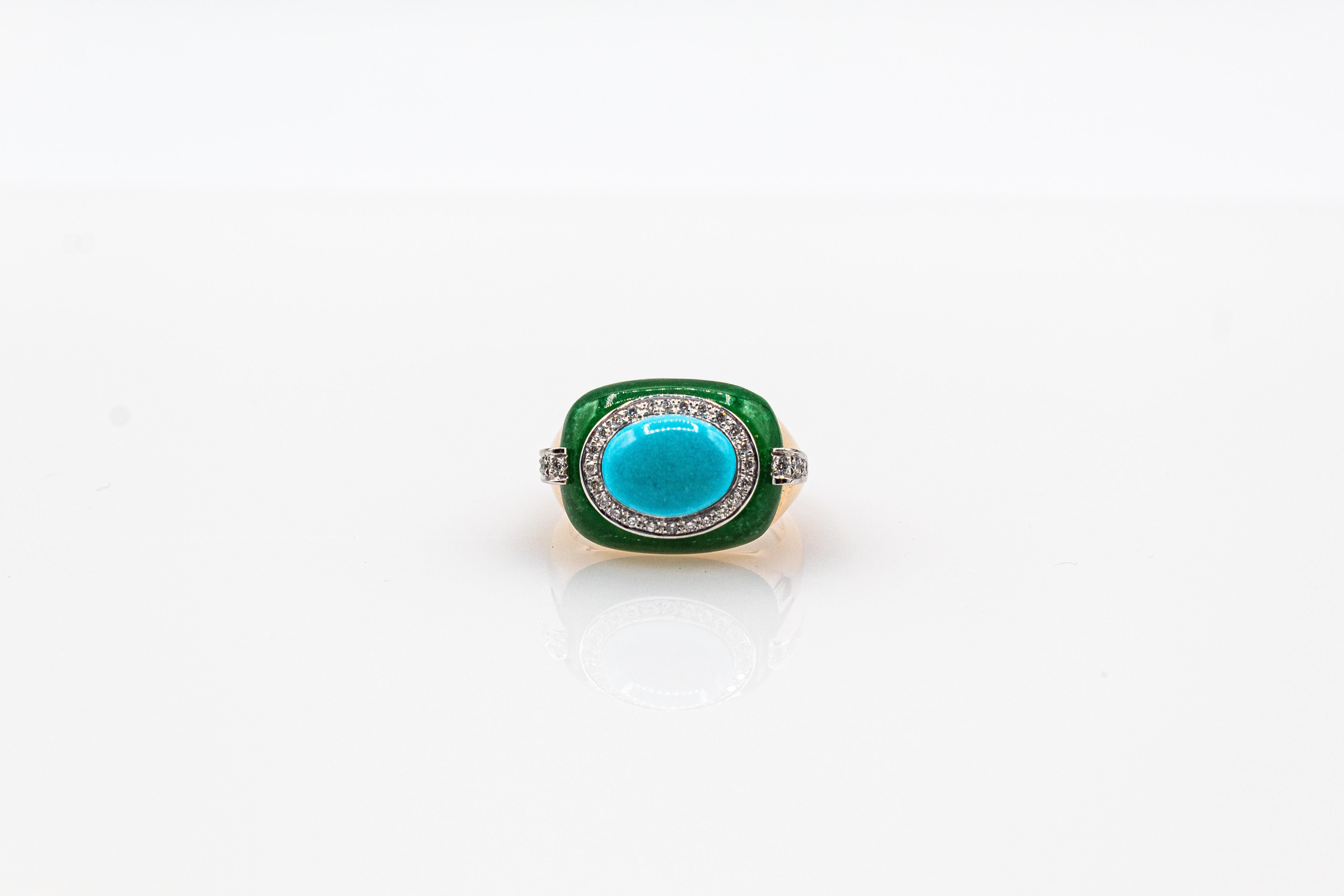 Art Deco White Diamond Jade Cabochon Cut Turquoise Yellow Gold Cocktail Ring 4