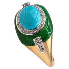 Art Deco White Diamond Jade Cabochon Cut Turquoise Yellow Gold Cocktail Ring