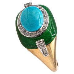 Vintage Art Deco White Diamond Jade Cabochon Cut Turquoise Yellow Gold Cocktail Ring