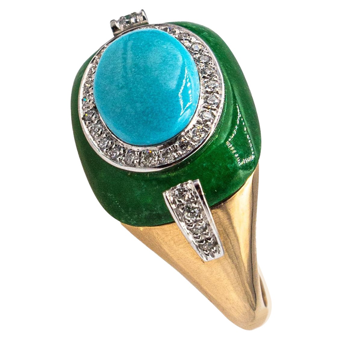 Anello da cocktail in oro giallo Art Deco con diamante bianco, giada tagliata a cabochon e turchese