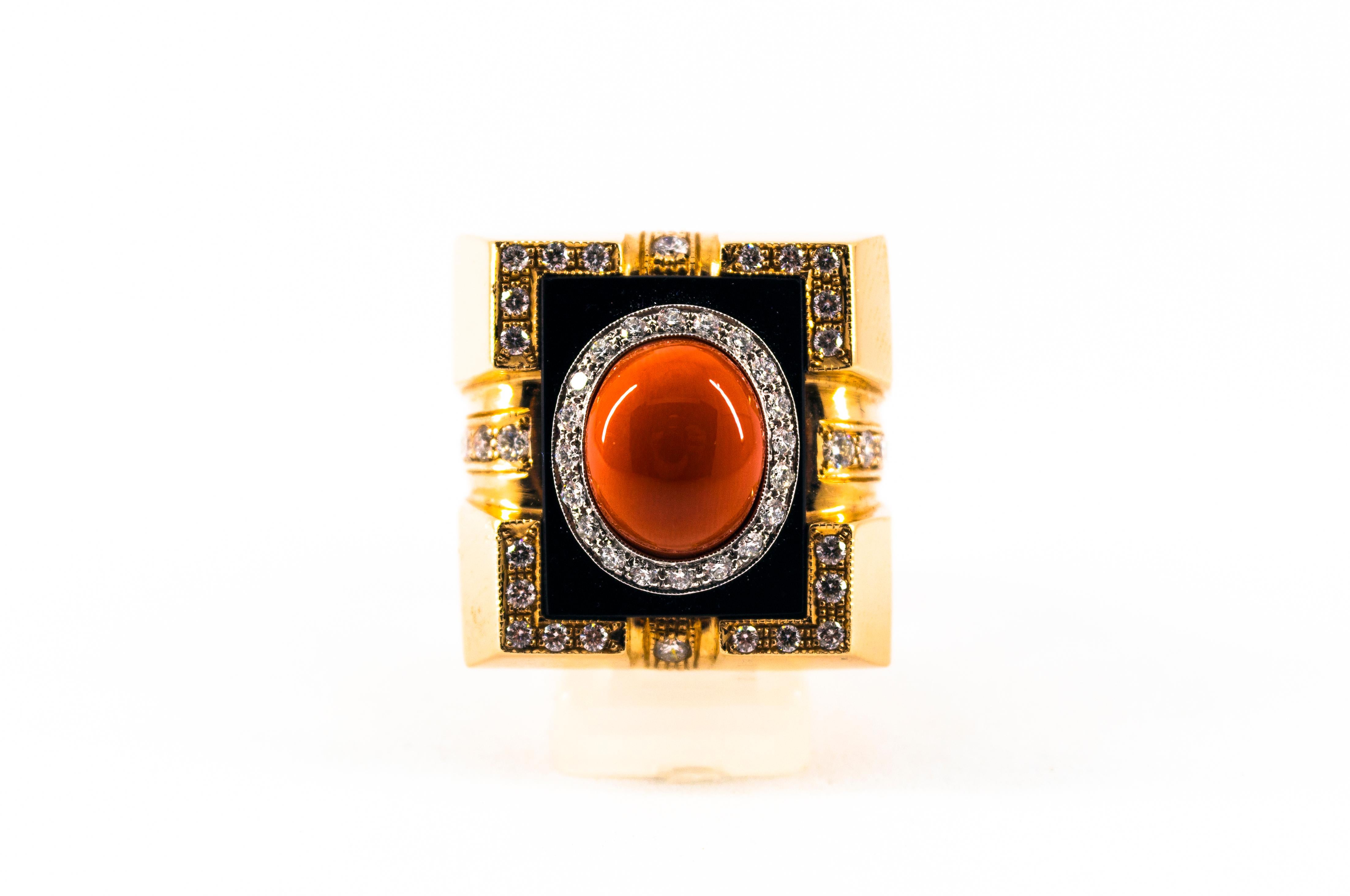 Art Deco Style Diamond Mediterranean Red Coral Onyx Yellow Gold Cocktail Ring 4