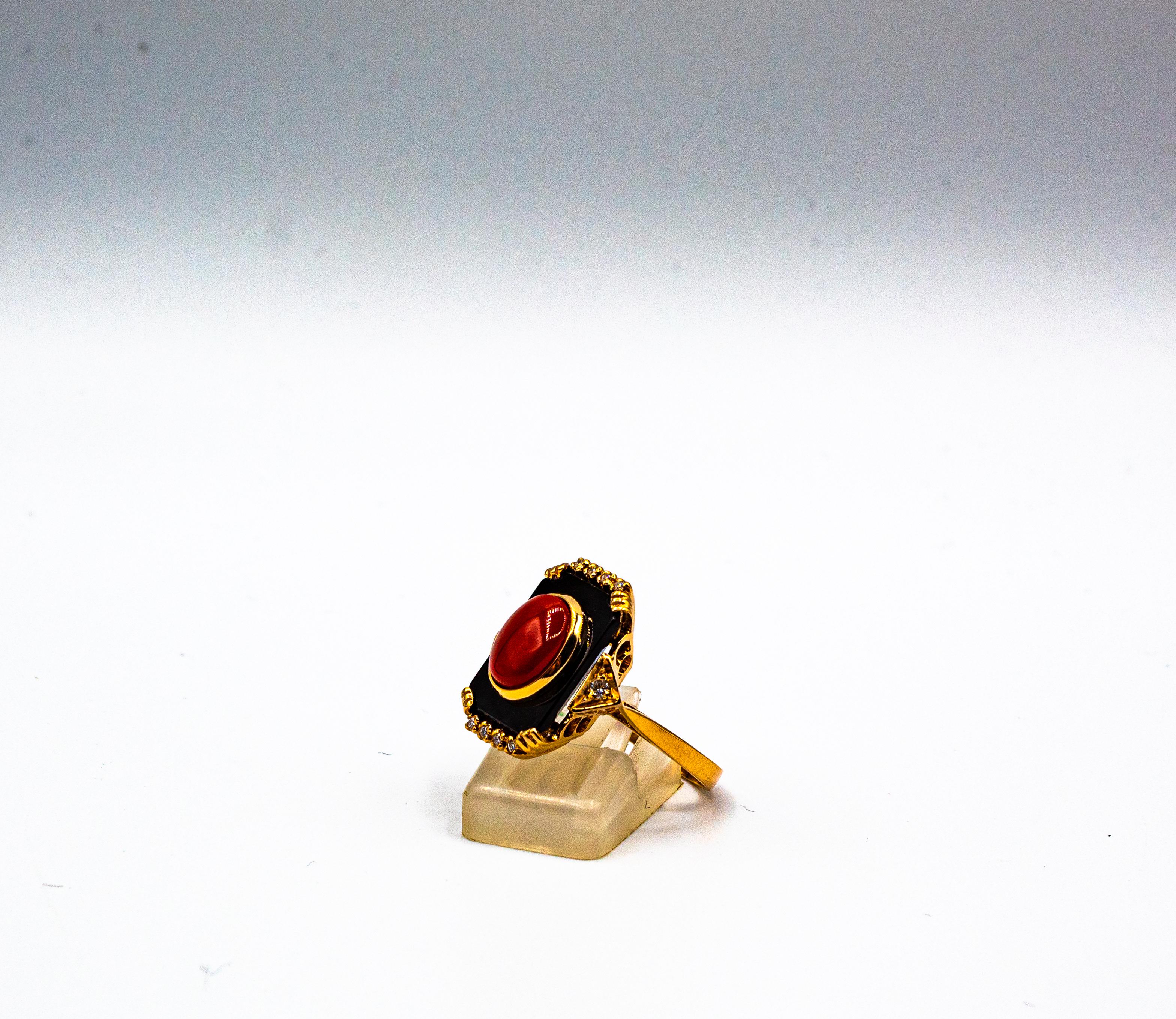 Art Deco Style Diamond Mediterranean Red Coral Onyx Yellow Gold Cocktail Ring For Sale 5