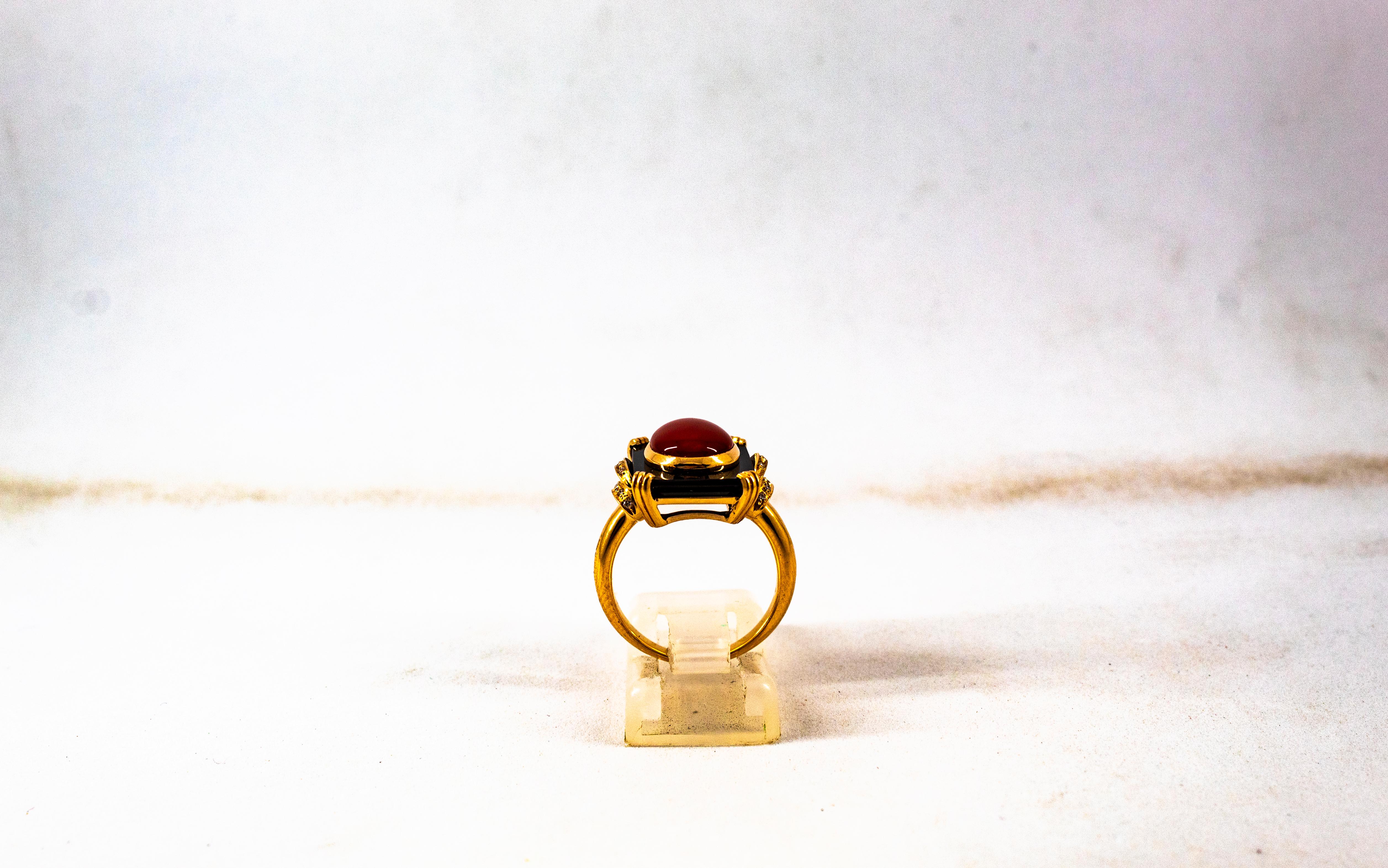 Art Deco White Diamond Mediterranean Red Coral Onyx Yellow Gold Cocktail Ring For Sale 5
