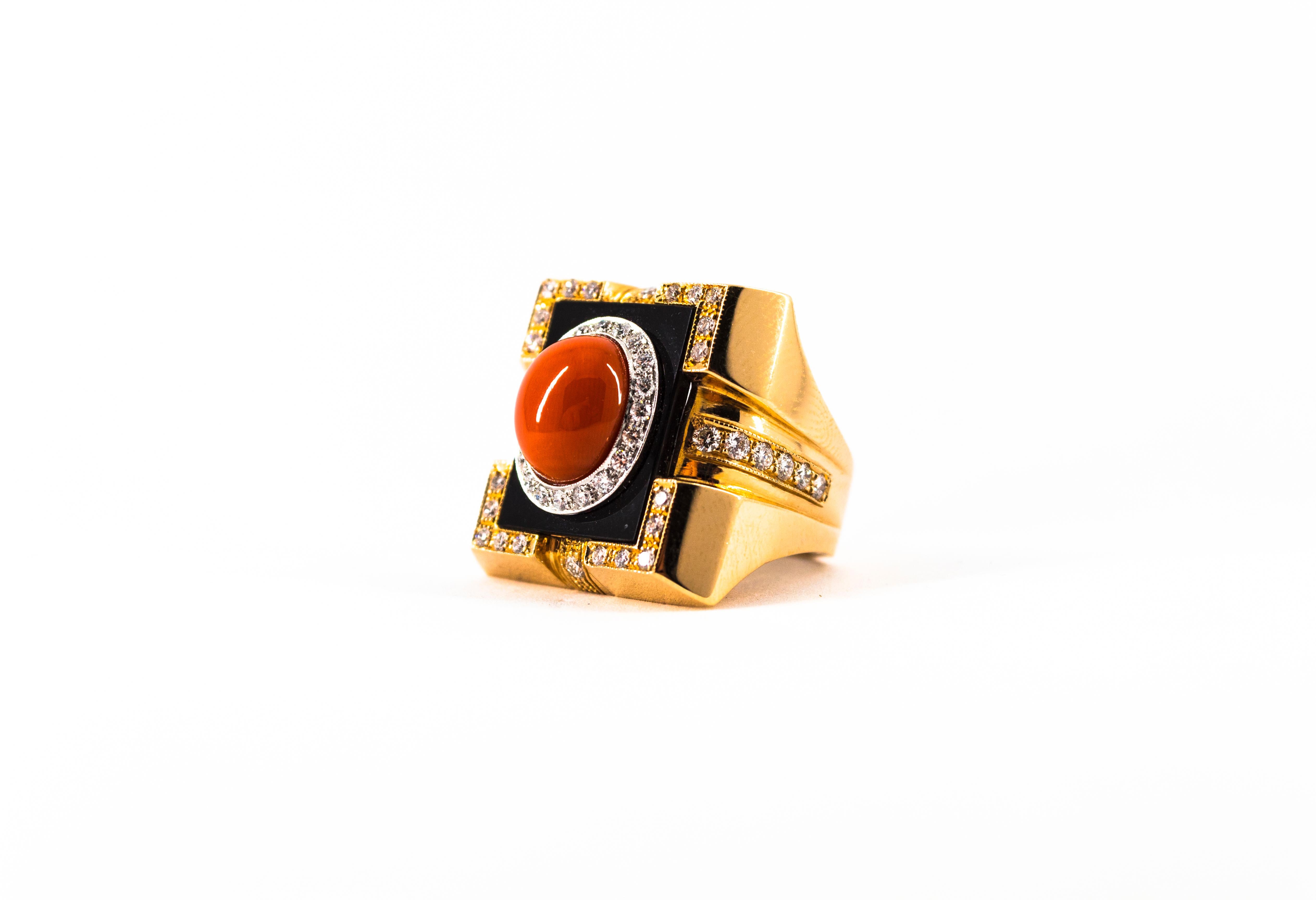 Art Deco Style Diamond Mediterranean Red Coral Onyx Yellow Gold Cocktail Ring 5