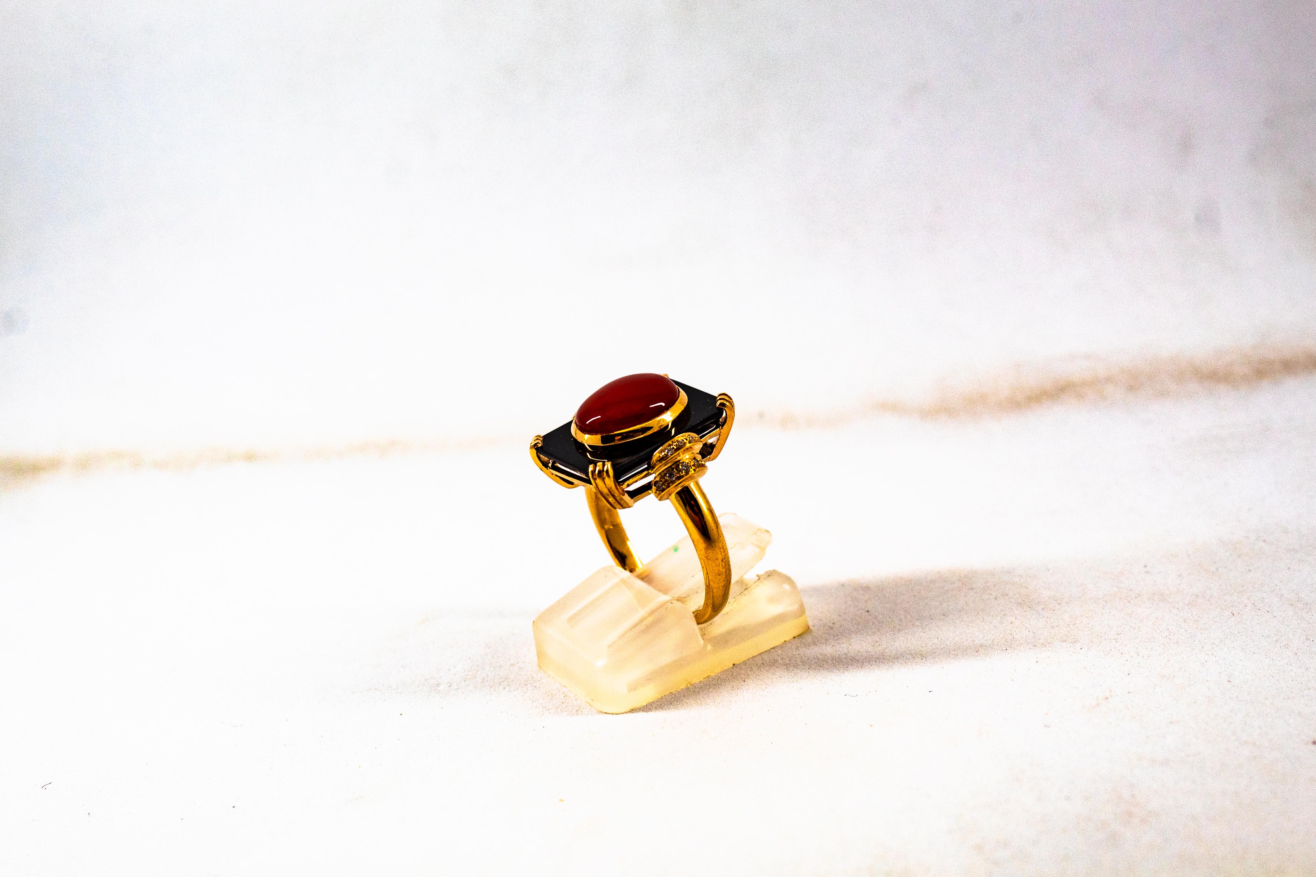 Art Deco White Diamond Mediterranean Red Coral Onyx Yellow Gold Cocktail Ring For Sale 6