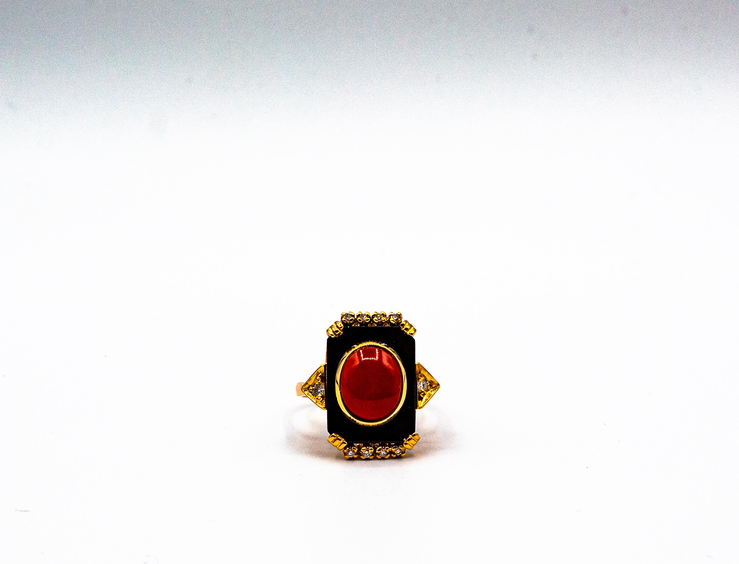 Art Deco Style Diamond Mediterranean Red Coral Onyx Yellow Gold Cocktail Ring For Sale 7