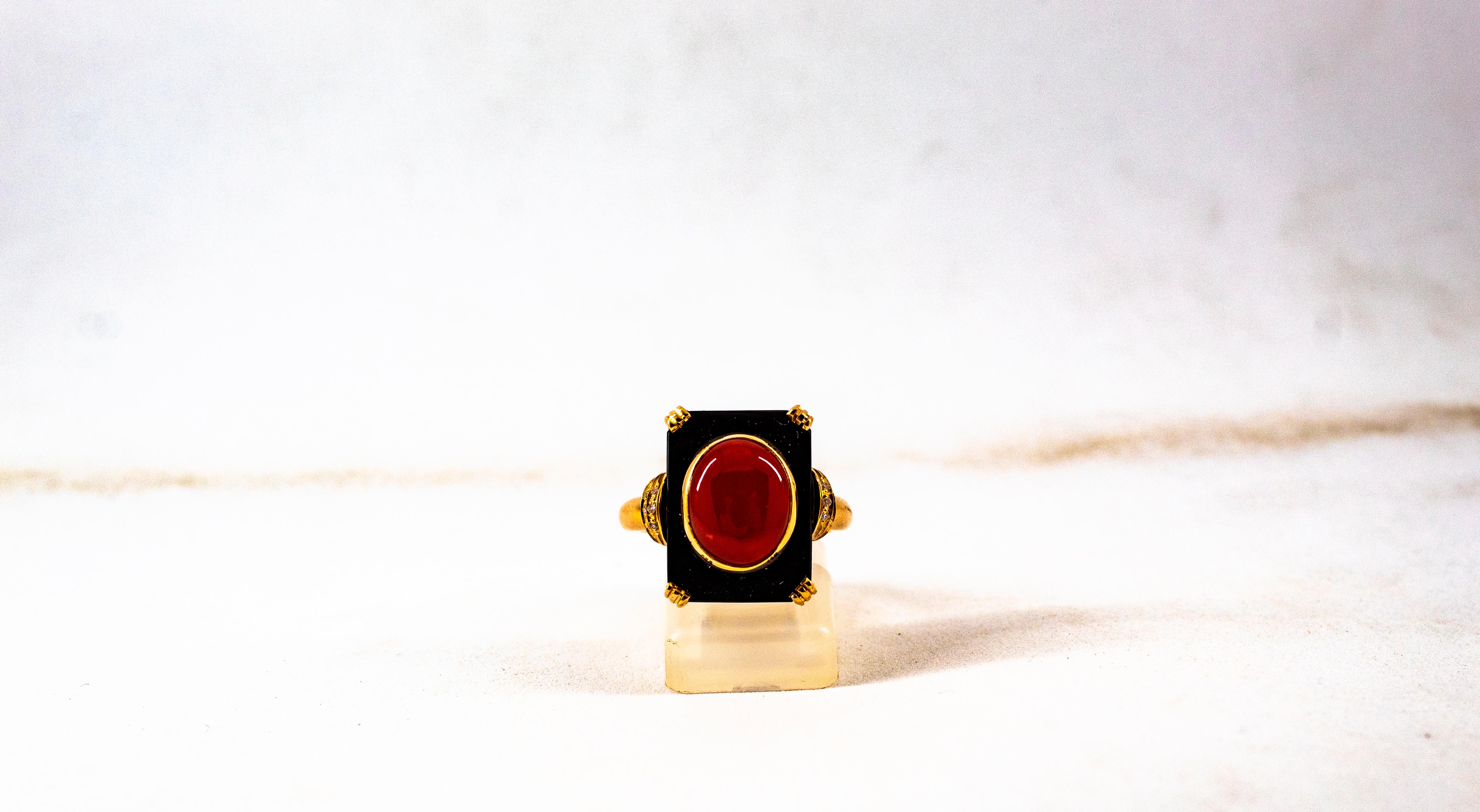 Art Deco White Diamond Mediterranean Red Coral Onyx Yellow Gold Cocktail Ring For Sale 7