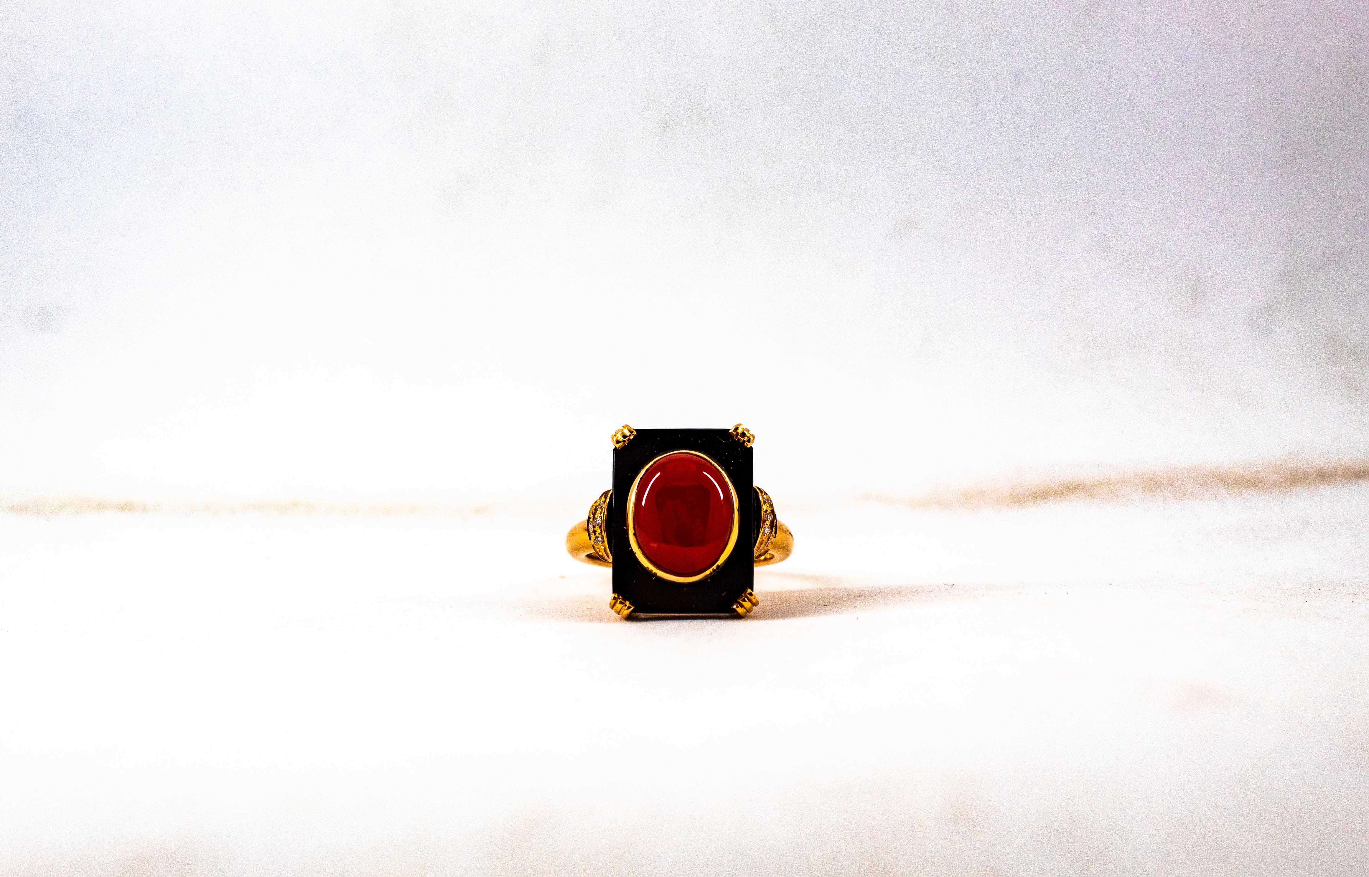 Art Deco White Diamond Mediterranean Red Coral Onyx Yellow Gold Cocktail Ring For Sale 8