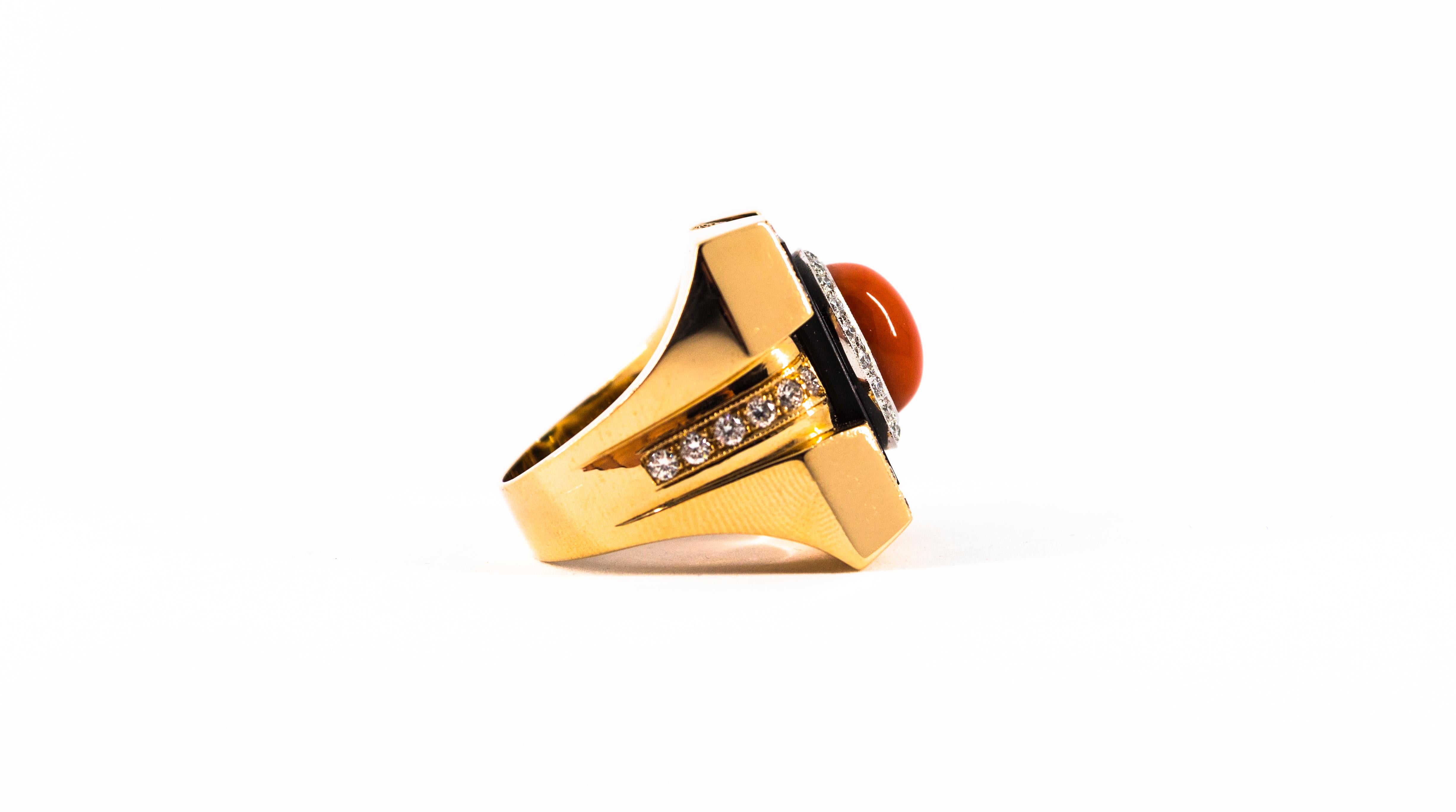 Art Deco Style Diamond Mediterranean Red Coral Onyx Yellow Gold Cocktail Ring 8