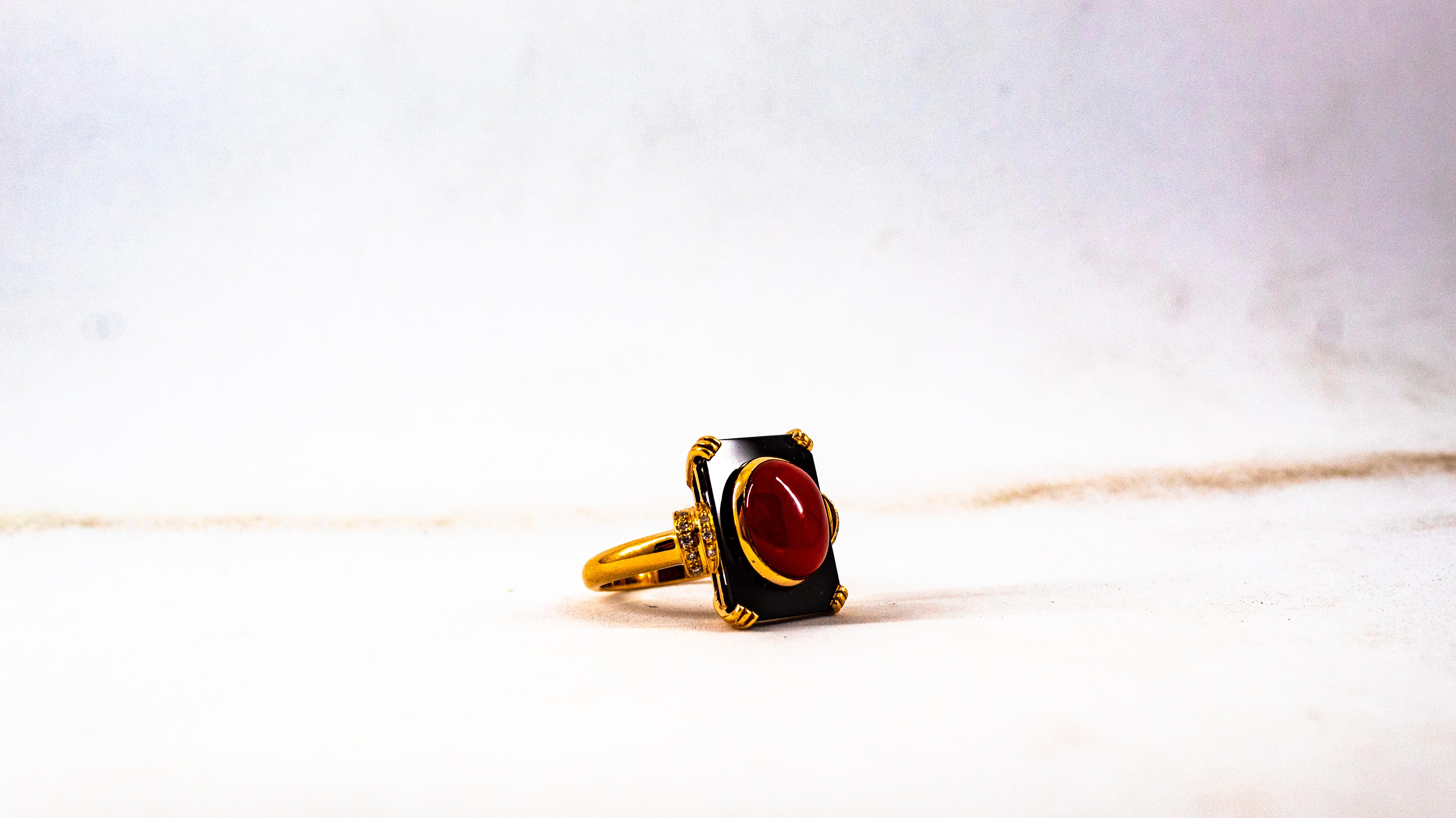 Art Deco White Diamond Mediterranean Red Coral Onyx Yellow Gold Cocktail Ring For Sale 9