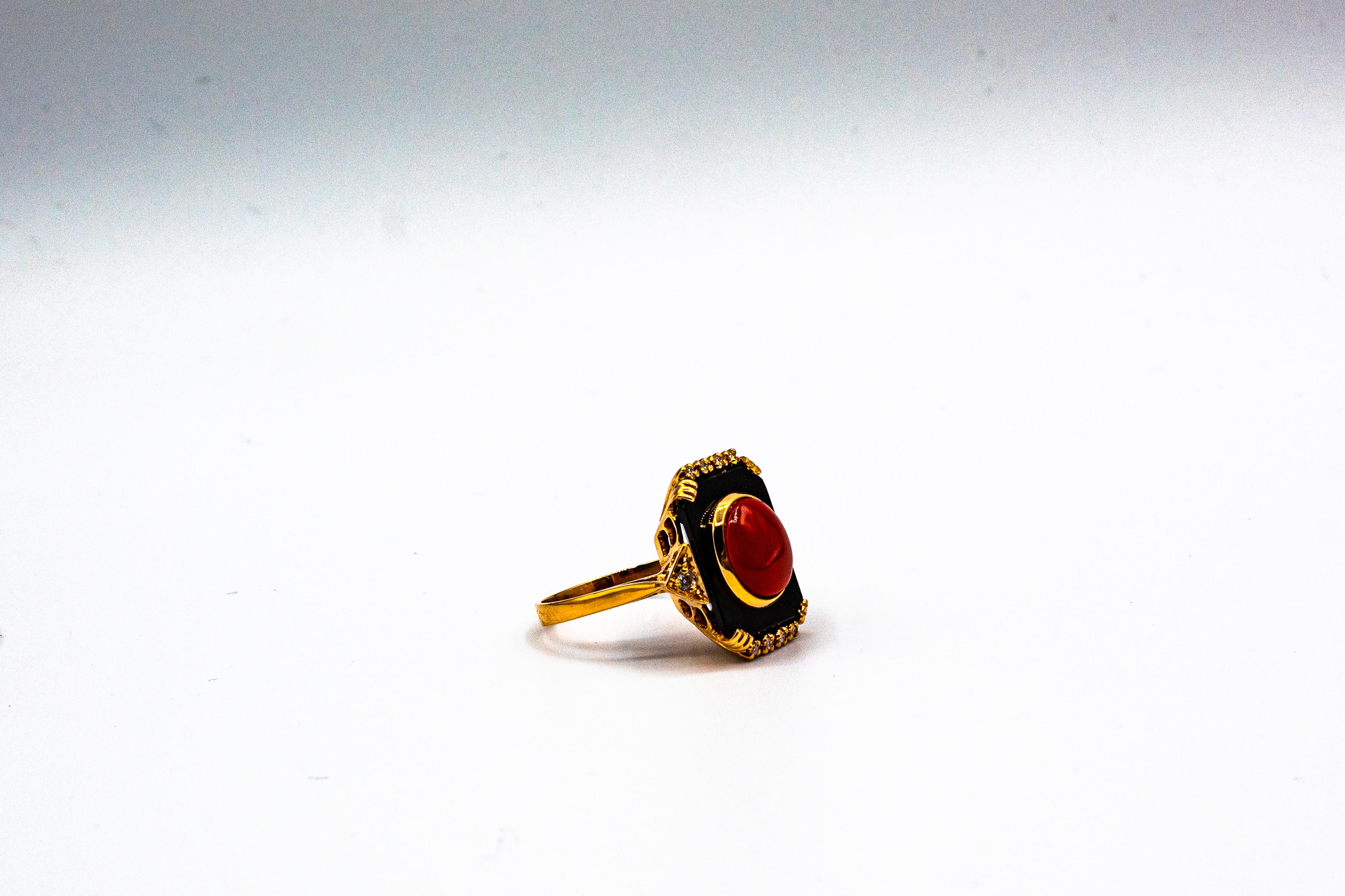 Art Deco Style Diamond Mediterranean Red Coral Onyx Yellow Gold Cocktail Ring For Sale 10