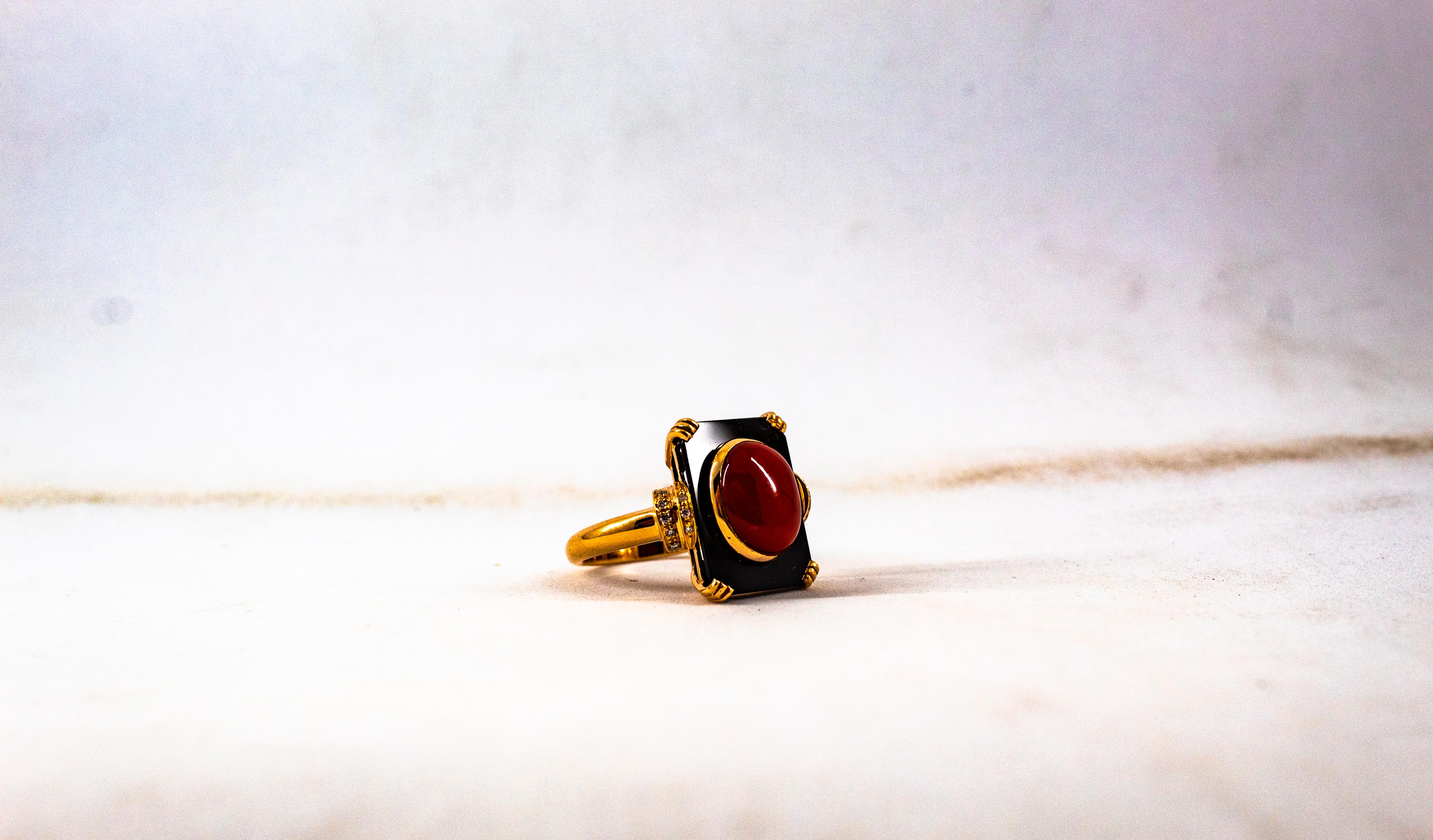 Art Deco White Diamond Mediterranean Red Coral Onyx Yellow Gold Cocktail Ring For Sale 10
