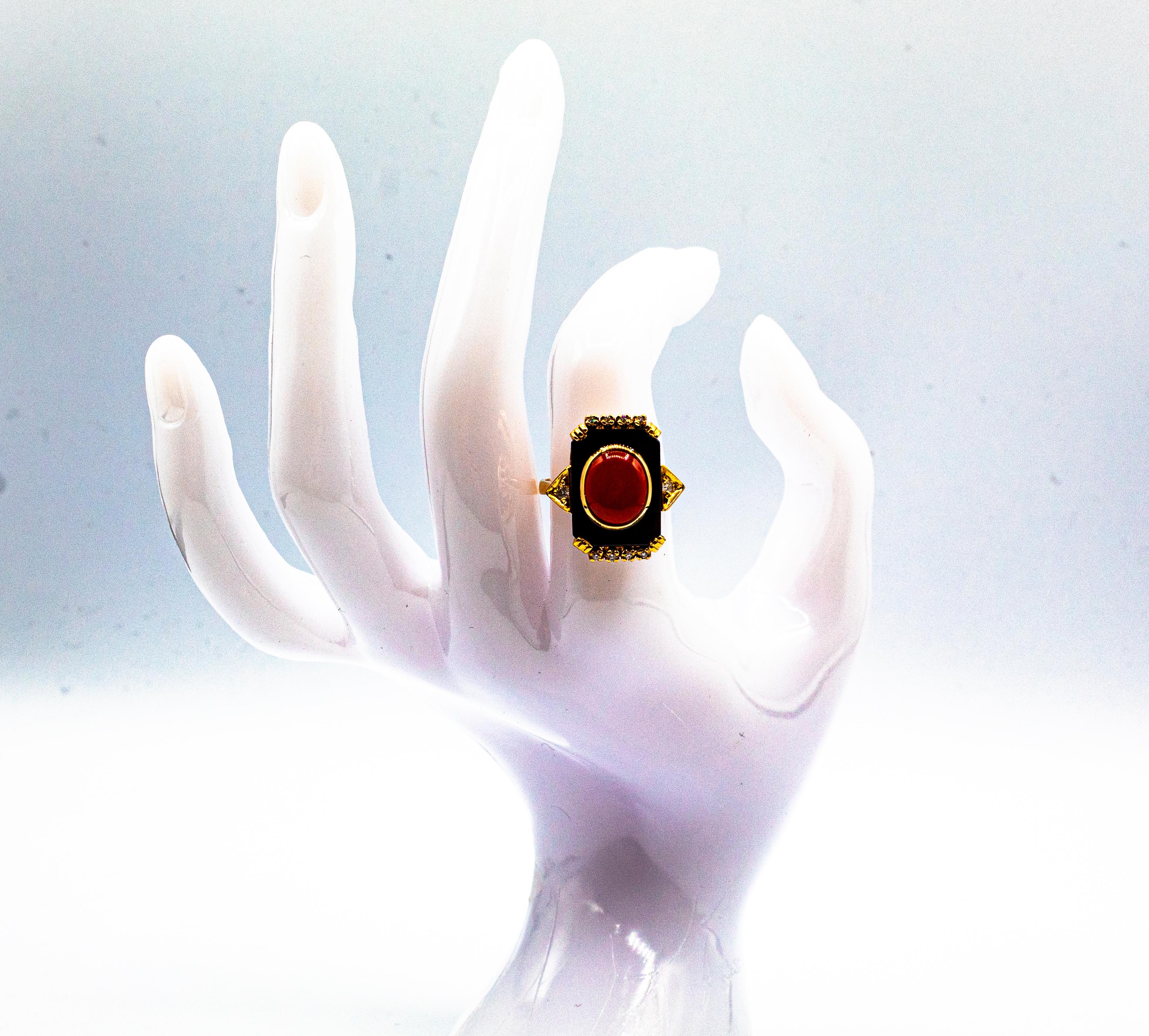 Art Deco Style Diamond Mediterranean Red Coral Onyx Yellow Gold Cocktail Ring For Sale 11
