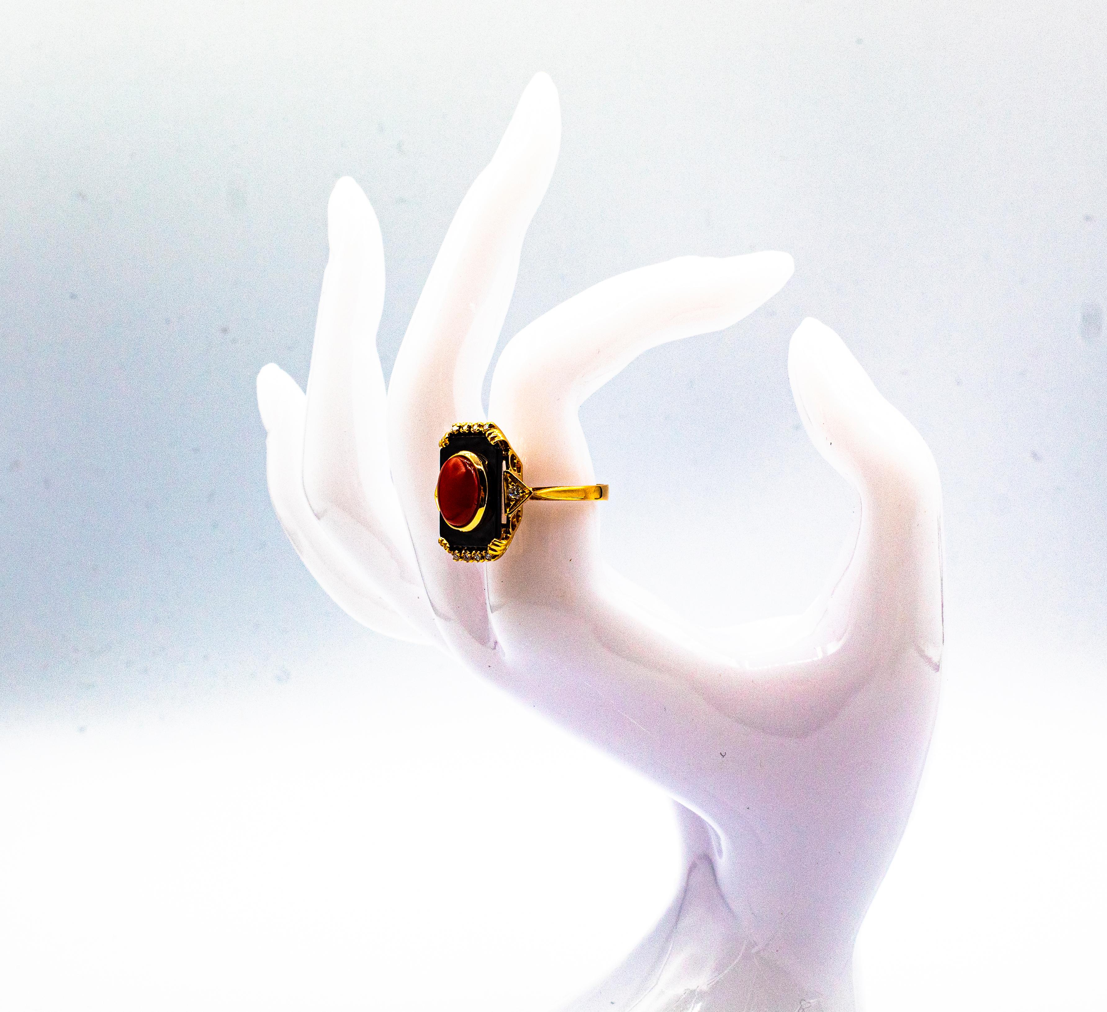 Art Deco Style Diamond Mediterranean Red Coral Onyx Yellow Gold Cocktail Ring For Sale 12