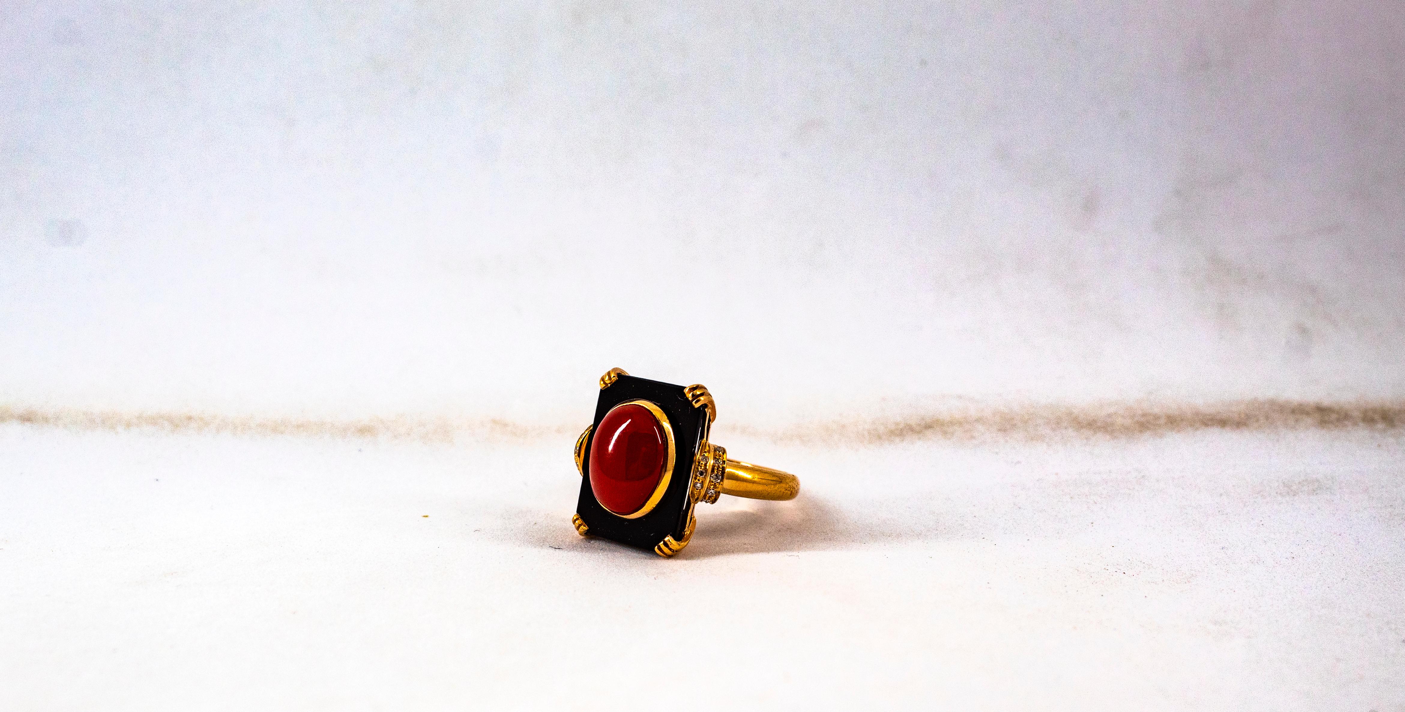 Art Deco White Diamond Mediterranean Red Coral Onyx Yellow Gold Cocktail Ring For Sale 12