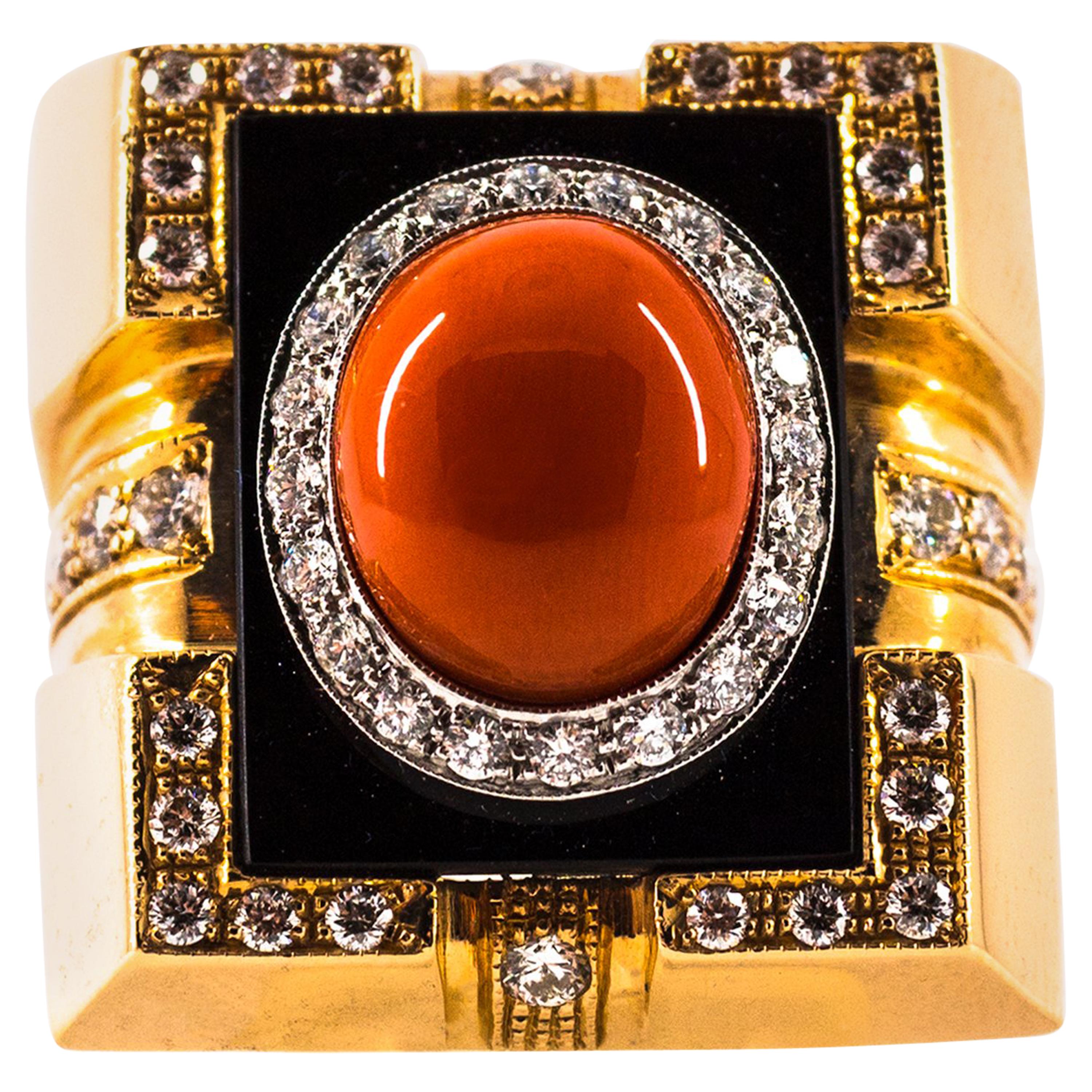 This Ring is made of 14K Yellow Gold.
This Ring has 1.00 Carats of White Brilliant Cut Diamonds.
This Ring has Red Mediterranean (Sardinia, Italy) Coral.
This Ring has also Onyx.

Size ITA: 14 USA: 7 

We're a workshop so every piece is handmade,