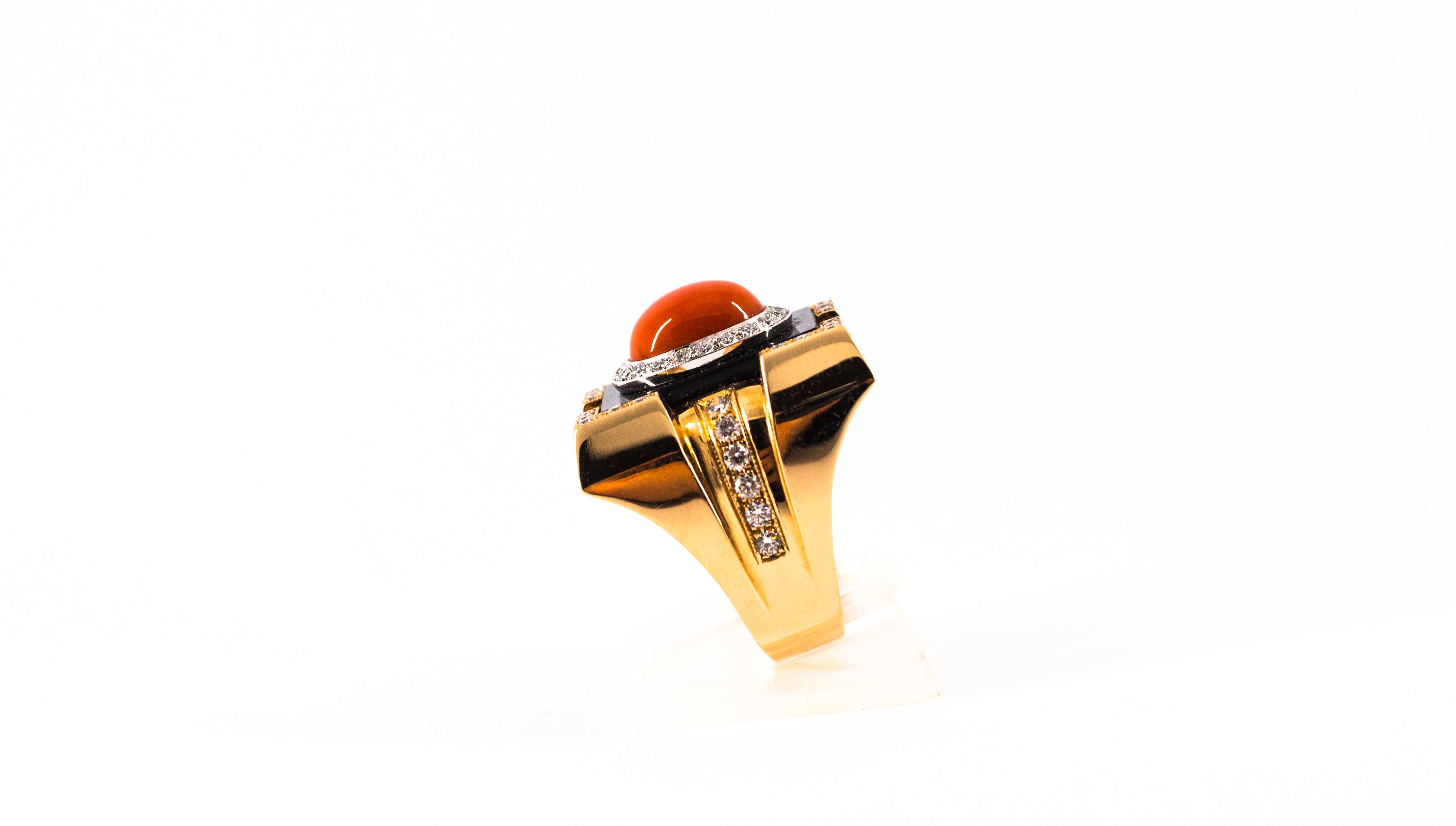 Brilliant Cut Art Deco Style Diamond Mediterranean Red Coral Onyx Yellow Gold Cocktail Ring