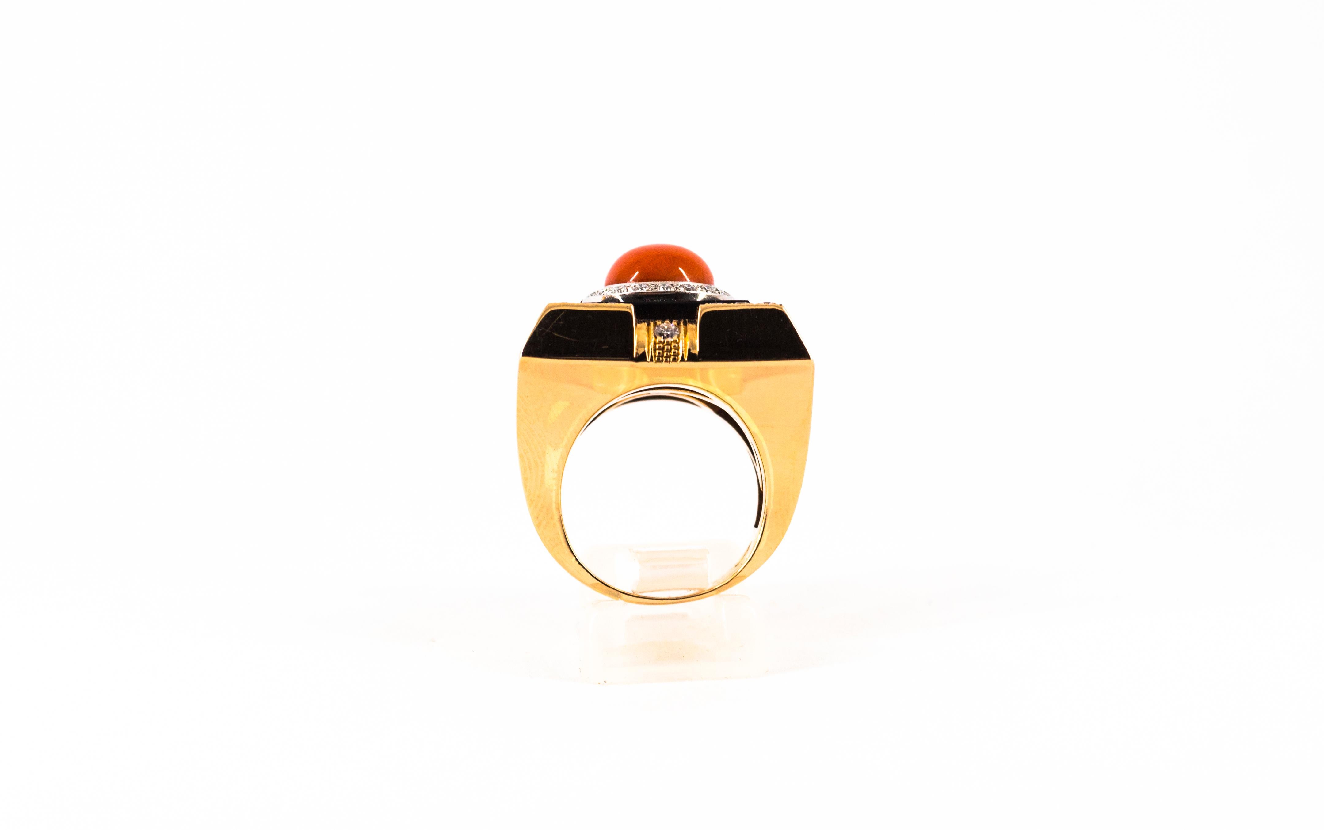 Art Deco Style Diamond Mediterranean Red Coral Onyx Yellow Gold Cocktail Ring In New Condition In Naples, IT