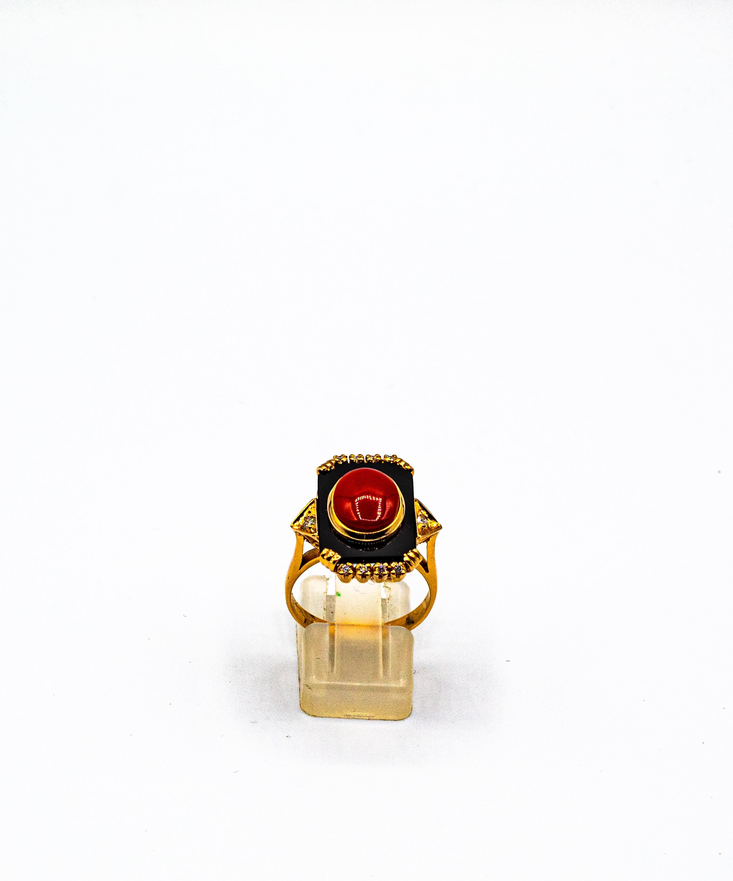 Women's or Men's Art Deco Style Diamond Mediterranean Red Coral Onyx Yellow Gold Cocktail Ring For Sale