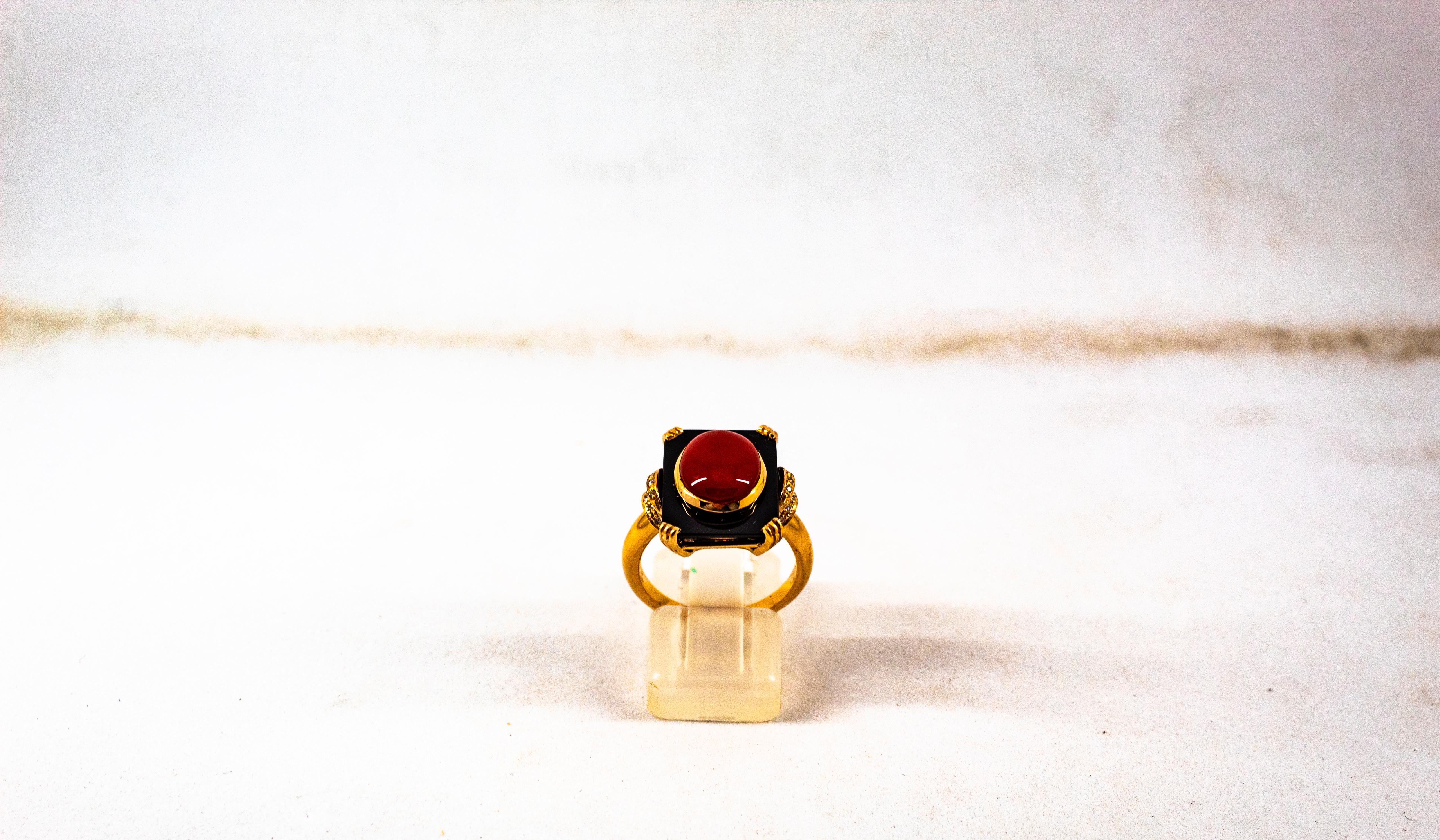 Women's or Men's Art Deco White Diamond Mediterranean Red Coral Onyx Yellow Gold Cocktail Ring For Sale